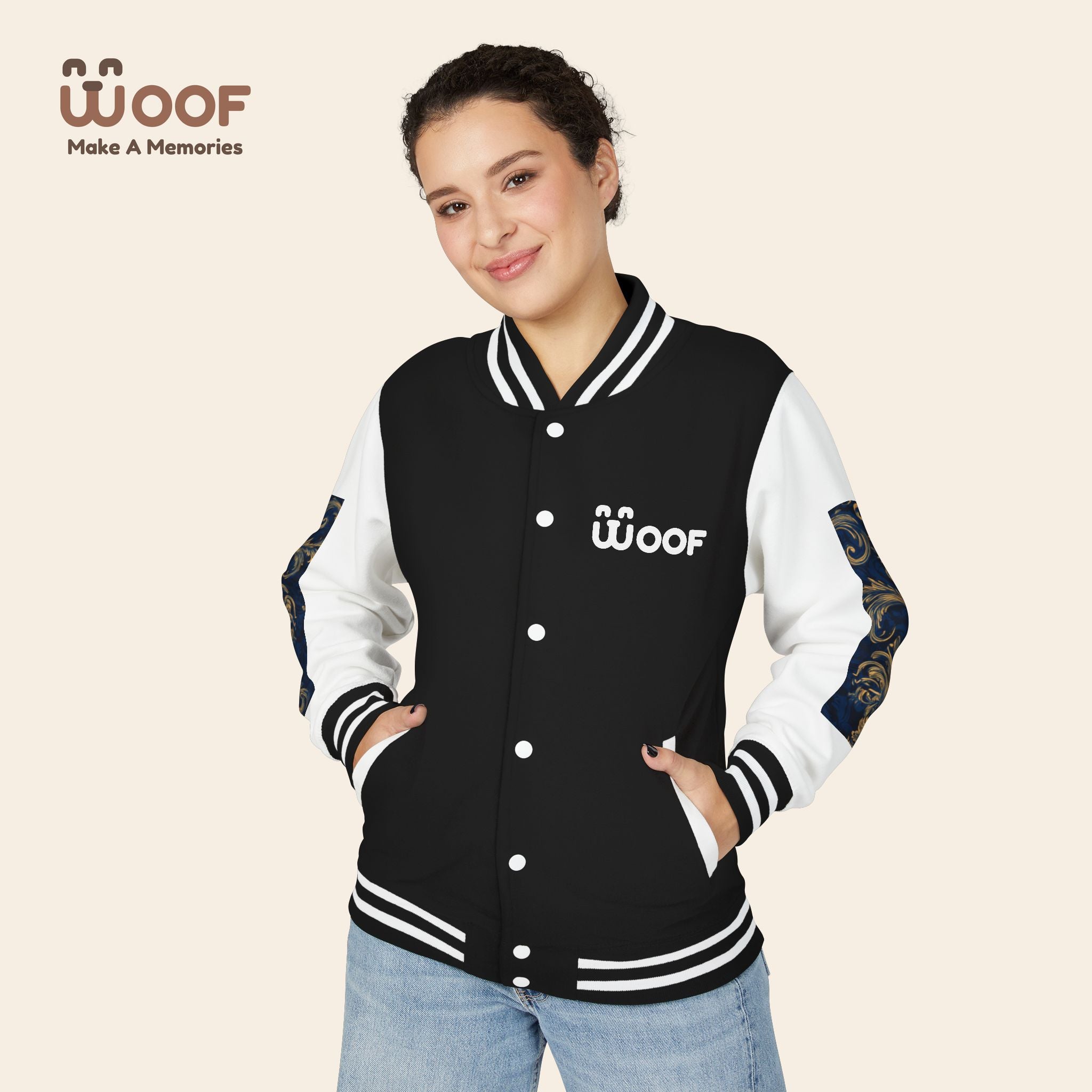 Stylish Unisex Heavyweight Letterman Jacket for Pet Lovers | Woof Design, Dog Jacket, Dog Lover Gift, Trendy Outerwear, Casual Fashion