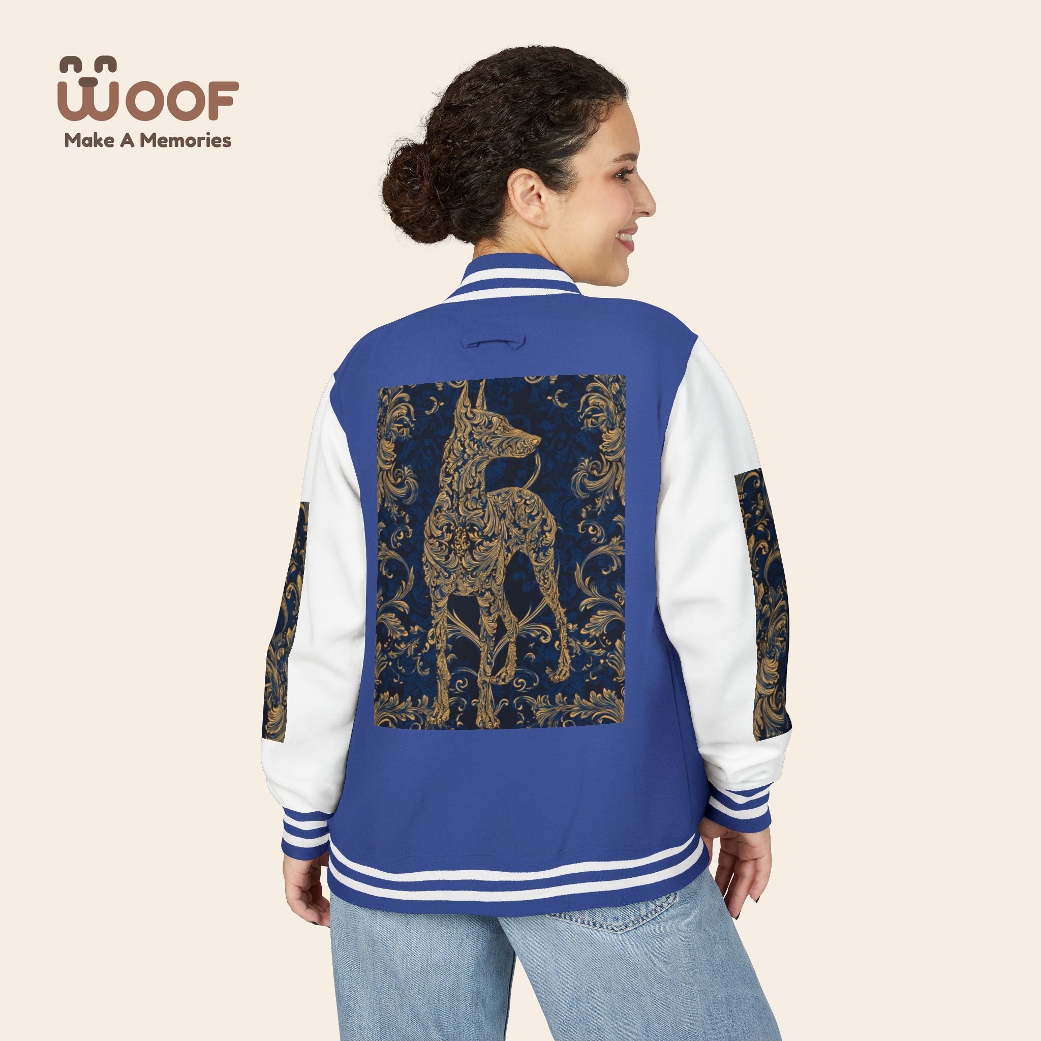Stylish Unisex Heavyweight Letterman Jacket for Pet Lovers | Woof Design, Dog Jacket, Dog Lover Gift, Trendy Outerwear, Casual Fashion