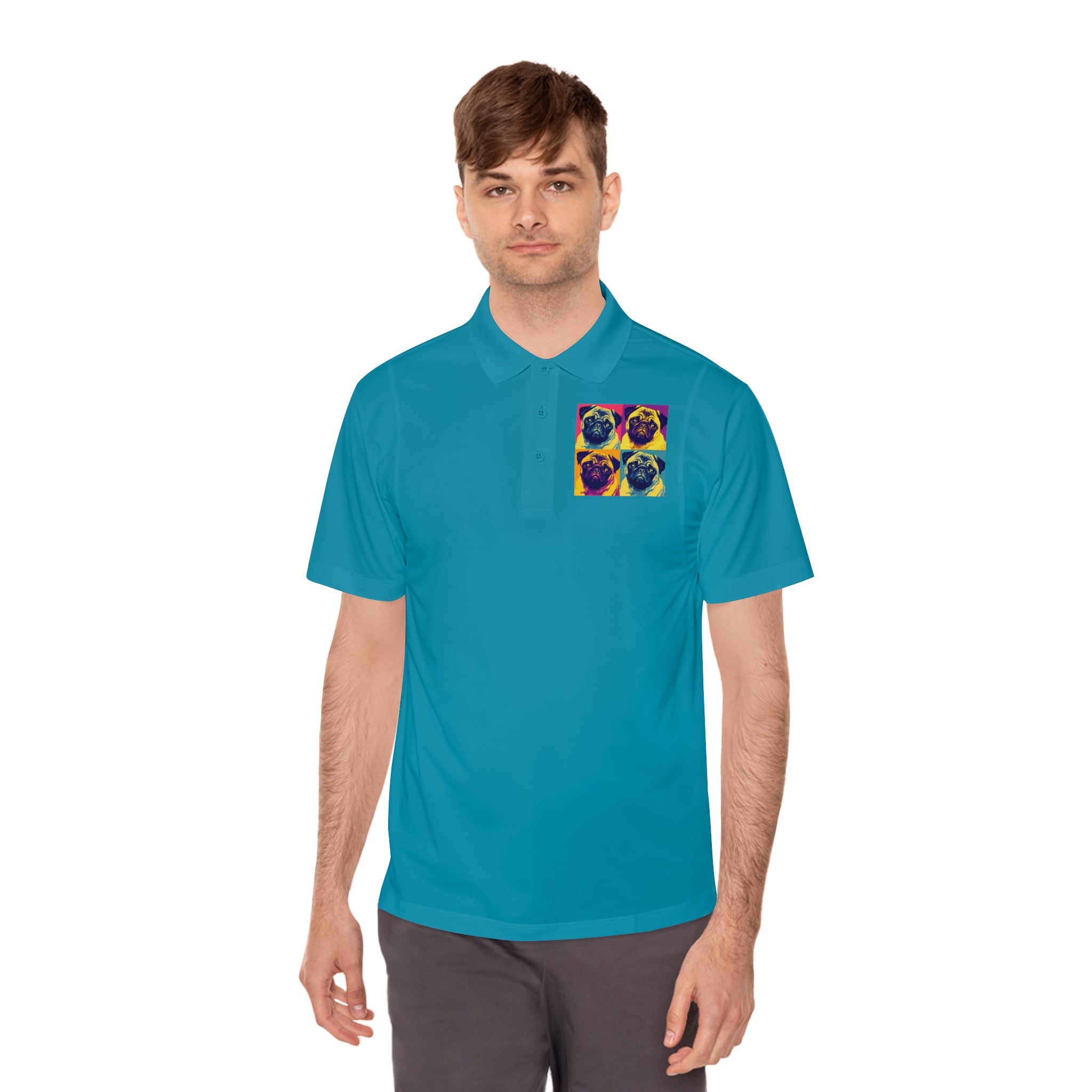 Men's Sport Polo Shirt with Colorful Pug Design, Fun Casual Wear, Dog Lover Gift, Unique Sports Polo, Stylish Outdoor Apparel