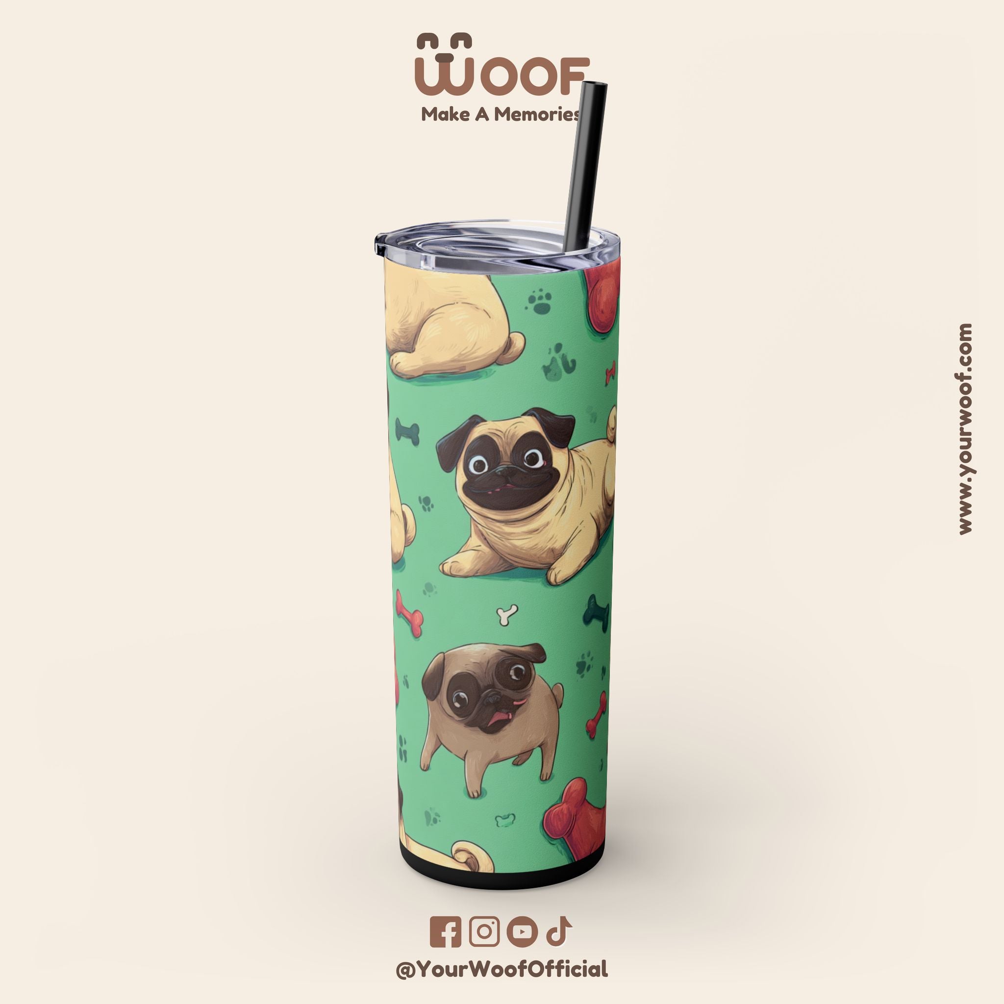 Pug Lover's 20oz Skinny Tumbler, Cute Dog Straw Cup, Pet Gift, Dog Mom Essential, Reusable Eco-Friendly Drinkware