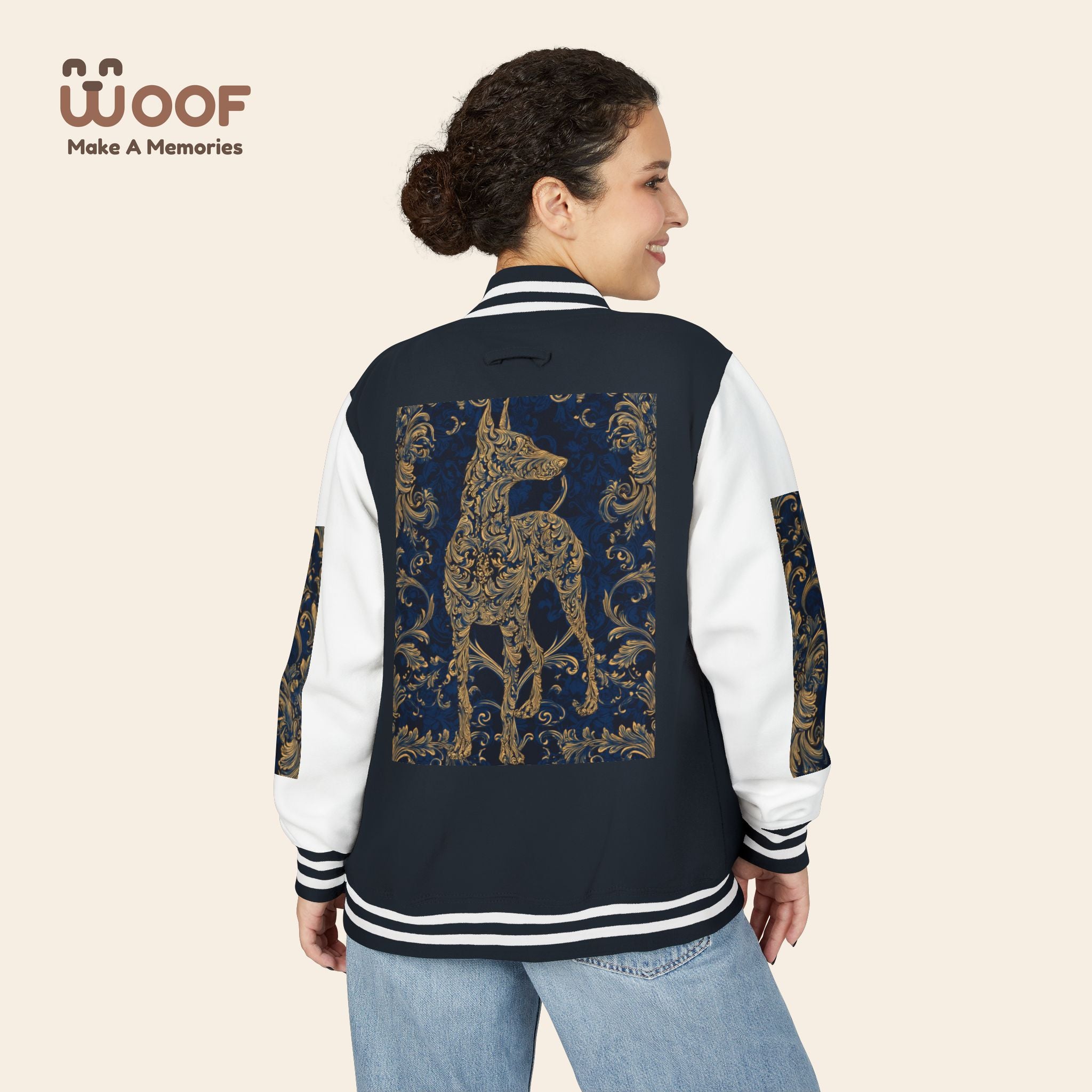 Stylish Unisex Heavyweight Letterman Jacket for Pet Lovers | Woof Design, Dog Jacket, Dog Lover Gift, Trendy Outerwear, Casual Fashion