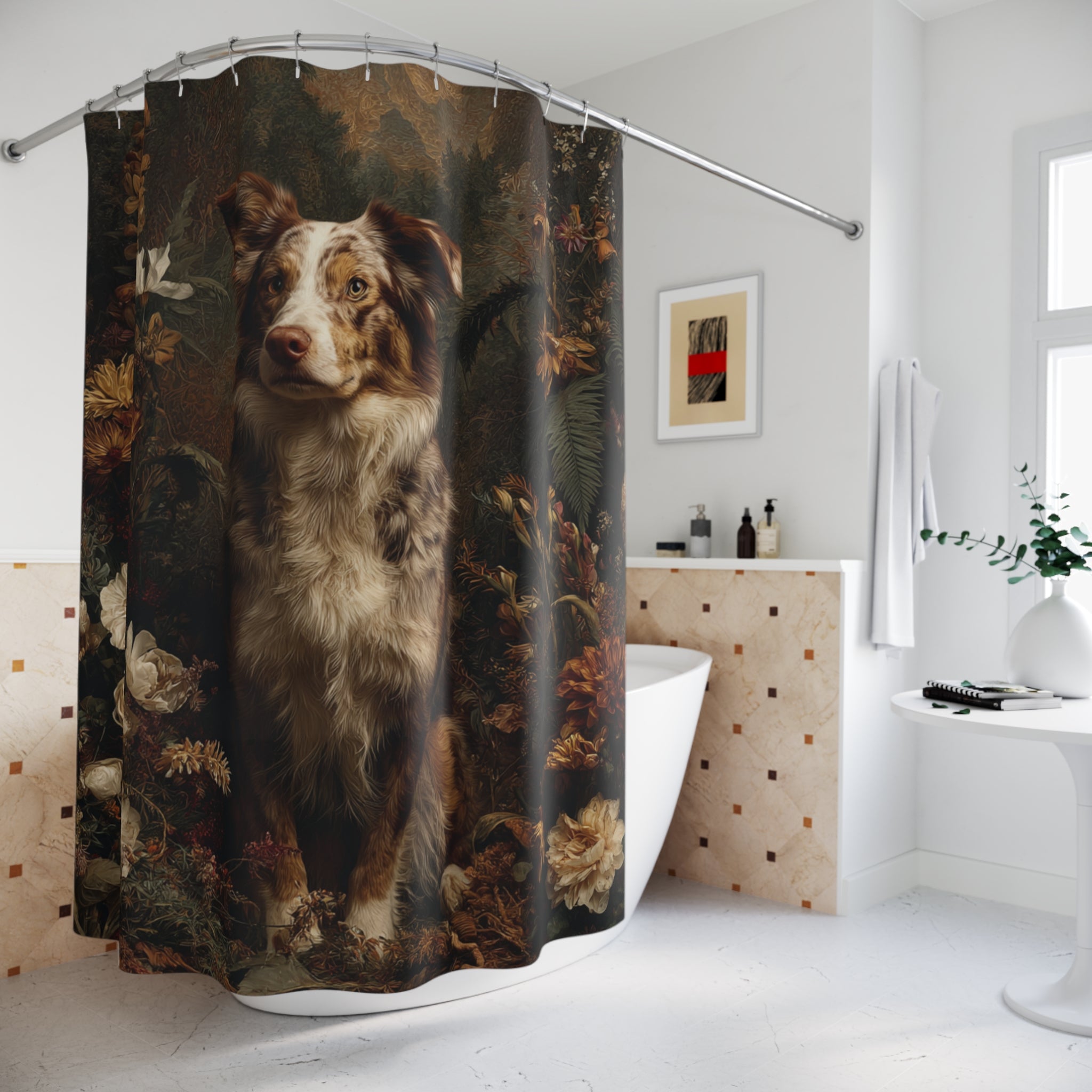 Rustic Dog Shower Curtain - Vintage Floral Design for Dog Lovers