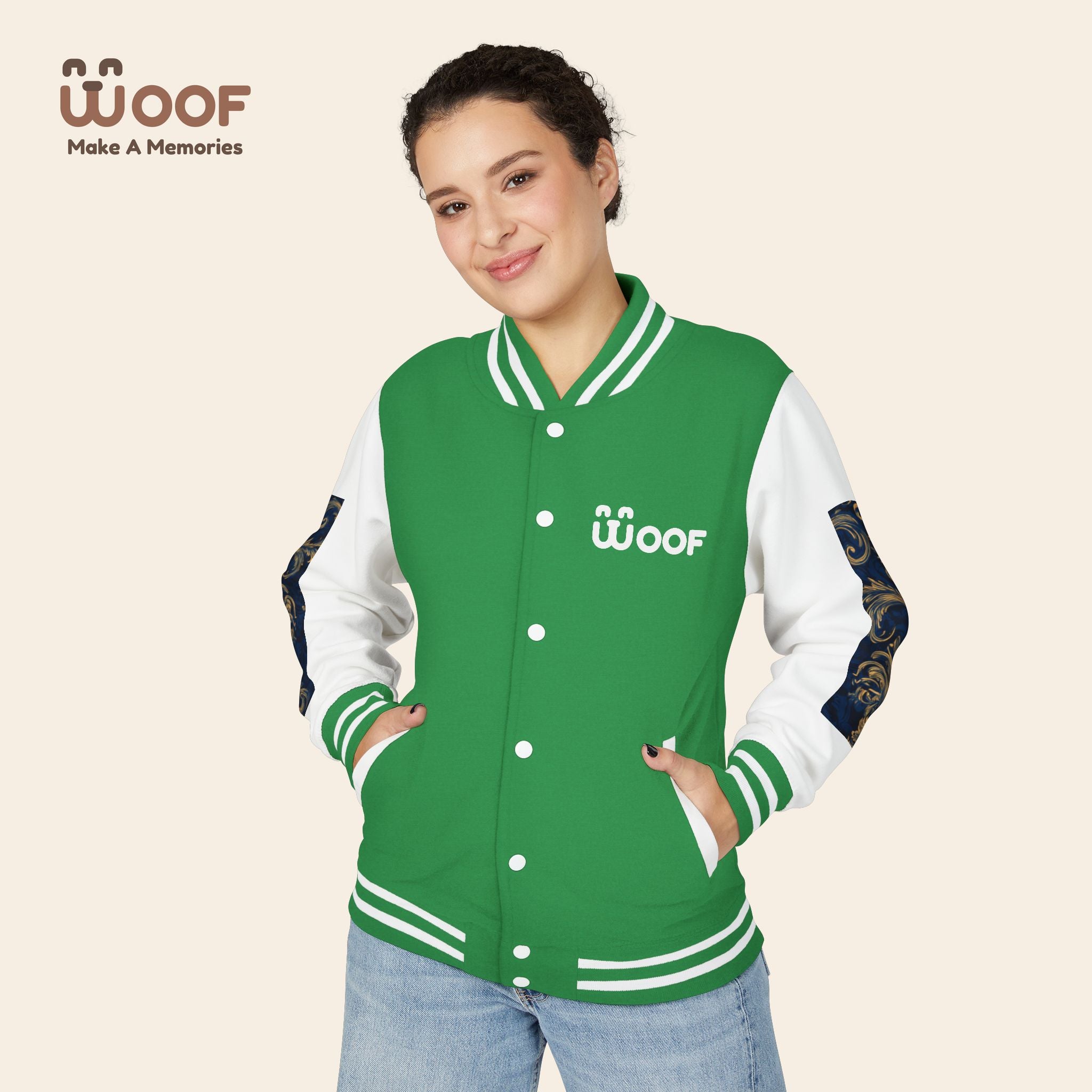 Stylish Unisex Heavyweight Letterman Jacket for Pet Lovers | Woof Design, Dog Jacket, Dog Lover Gift, Trendy Outerwear, Casual Fashion