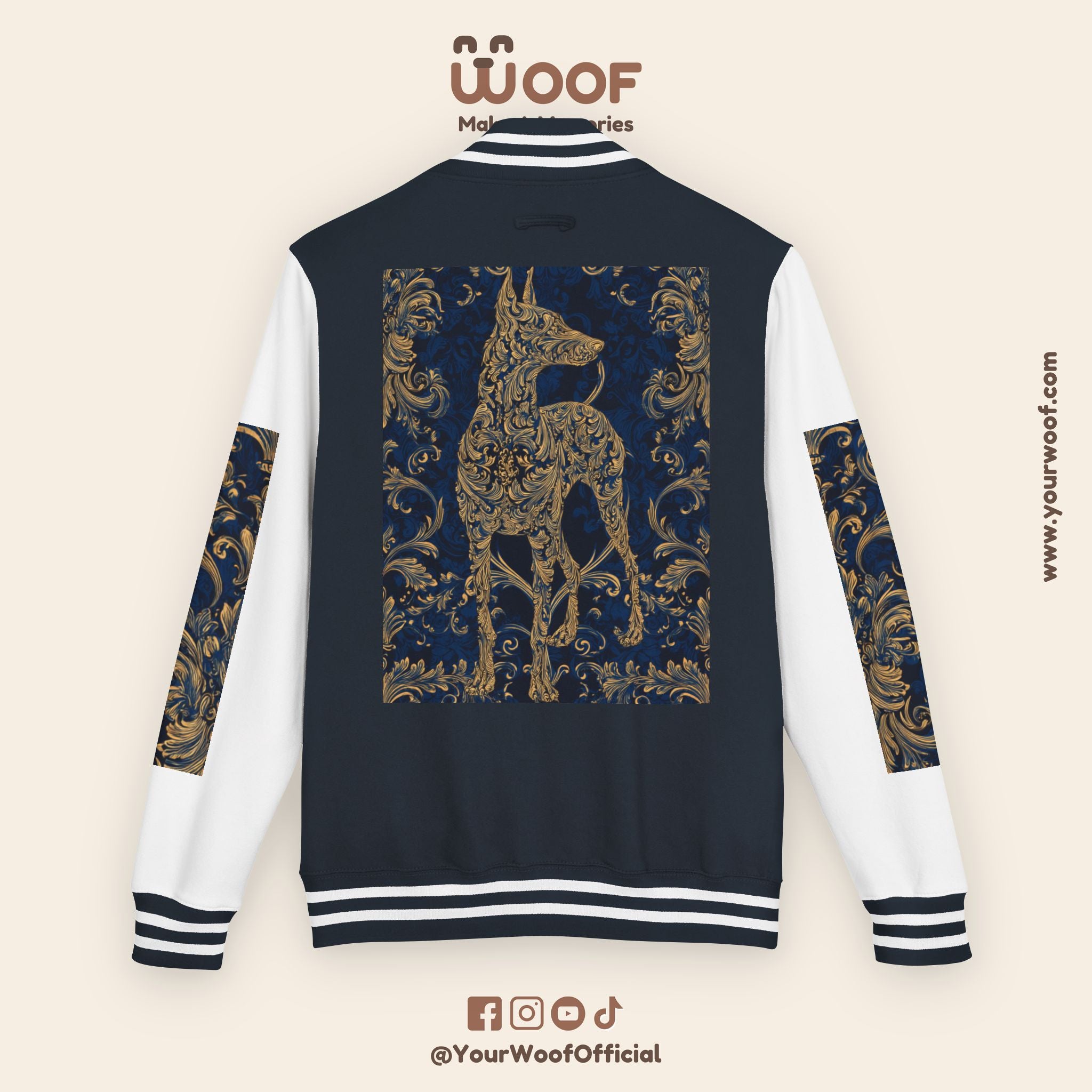 Stylish Unisex Heavyweight Letterman Jacket for Pet Lovers | Woof Design, Dog Jacket, Dog Lover Gift, Trendy Outerwear, Casual Fashion