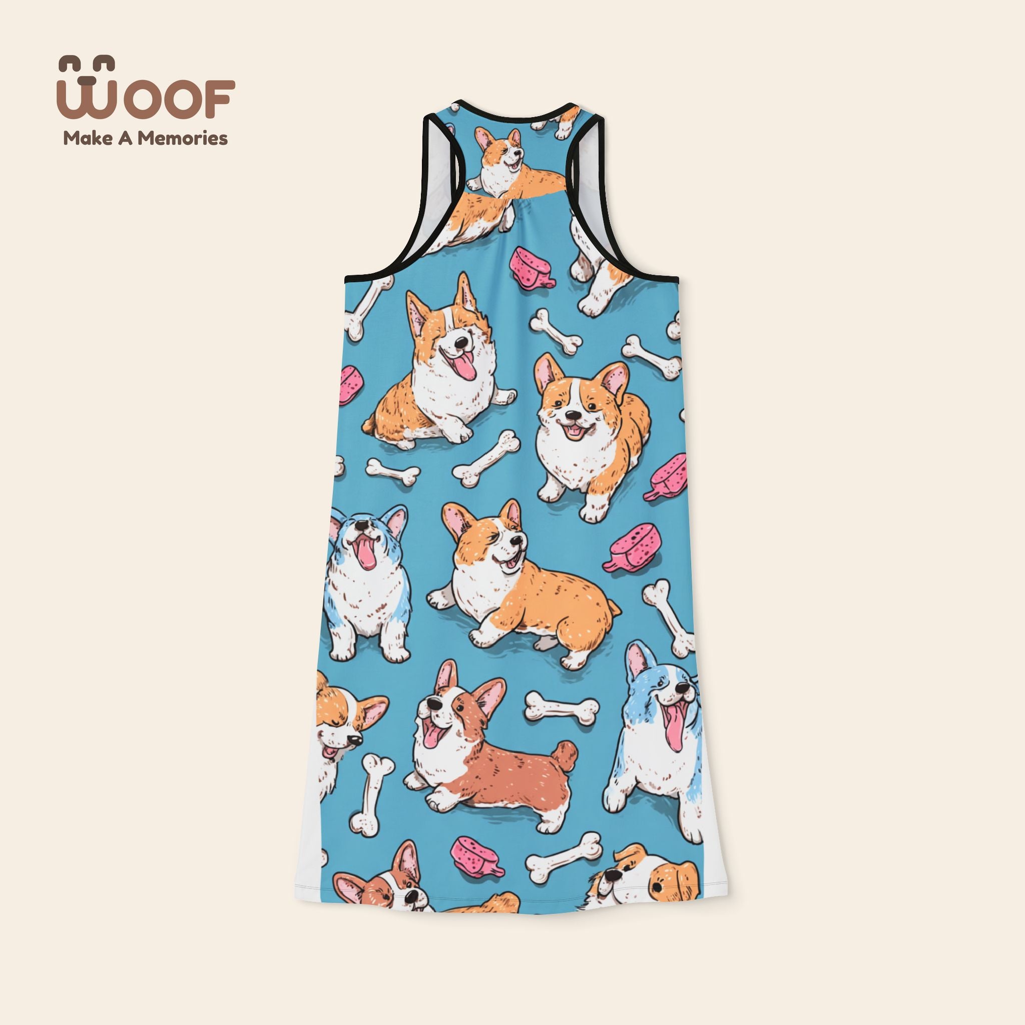 Cute Corgi Pattern Women's Racerback Dress, Dog Lover Fashion, Summer Dress, Pet-Themed Apparel, Cute Gift for Dog Owners, Fun Beachwear