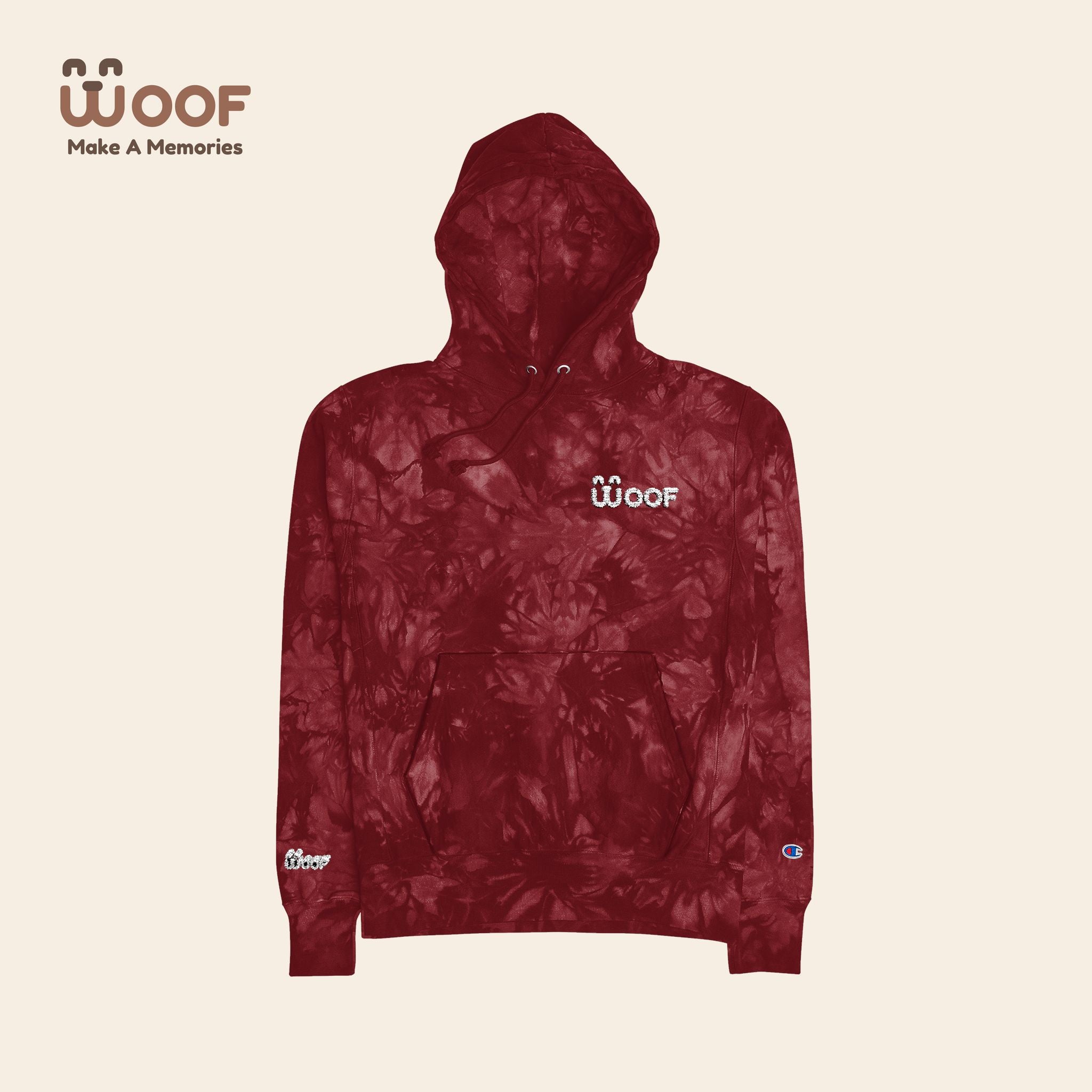 Woof Tie-Dye Hoodie, Unisex Champion Hoodie, Cozy Tie-Dye Sweatshirt, Dog Lover Apparel, Unique Gifts for Pet Owners, Casual Everyday Wear