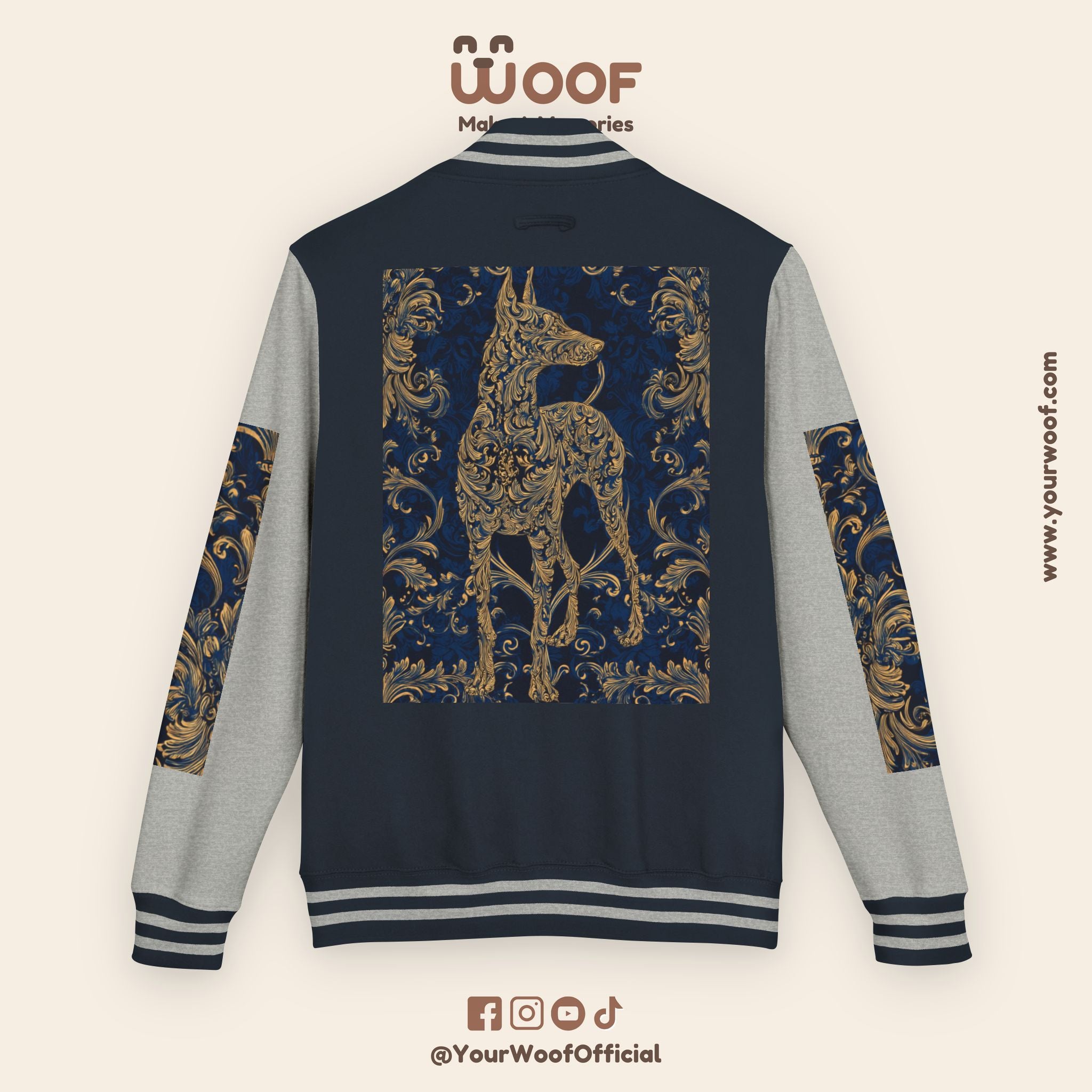 Stylish Unisex Heavyweight Letterman Jacket for Pet Lovers | Woof Design, Dog Jacket, Dog Lover Gift, Trendy Outerwear, Casual Fashion