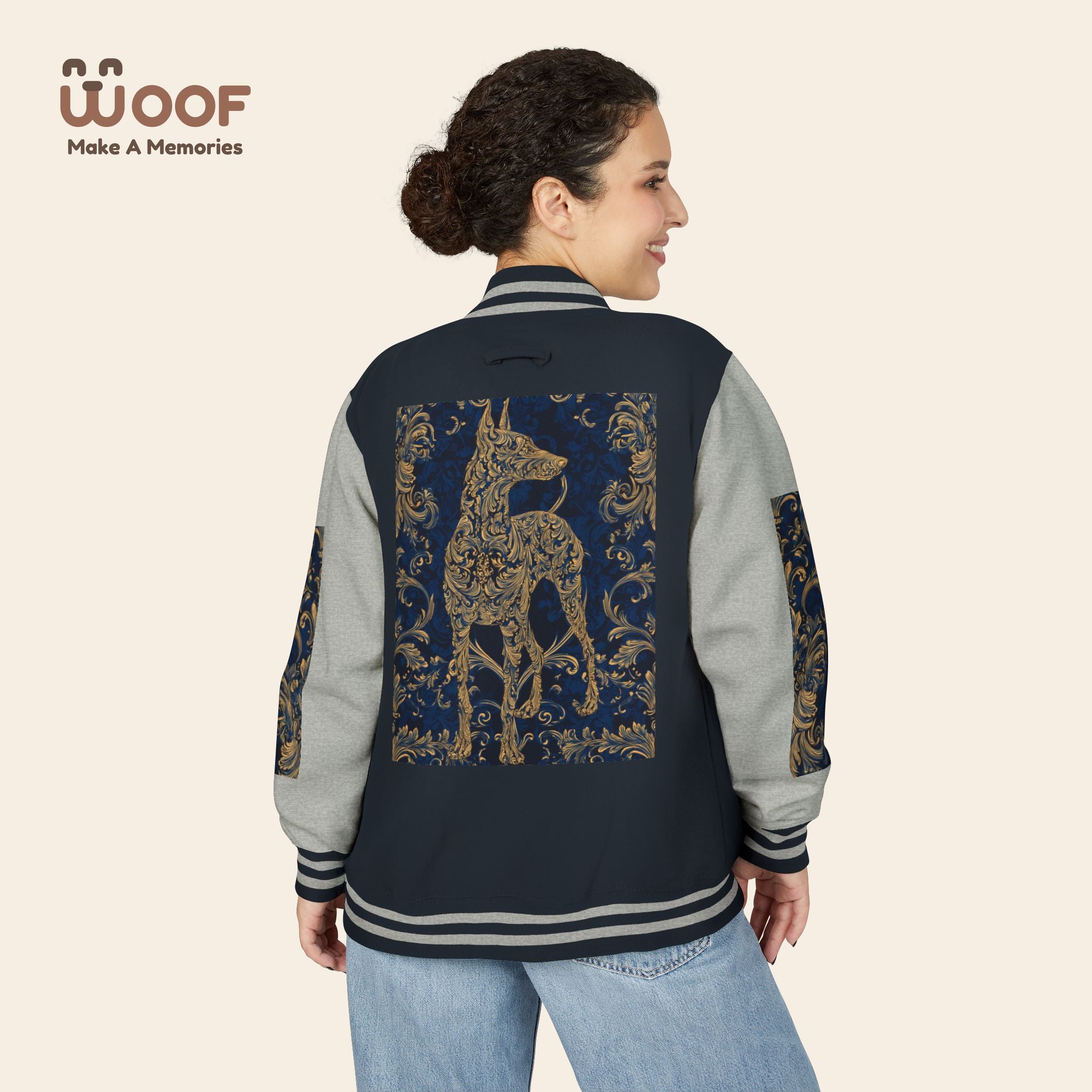 Stylish Unisex Heavyweight Letterman Jacket for Pet Lovers | Woof Design, Dog Jacket, Dog Lover Gift, Trendy Outerwear, Casual Fashion