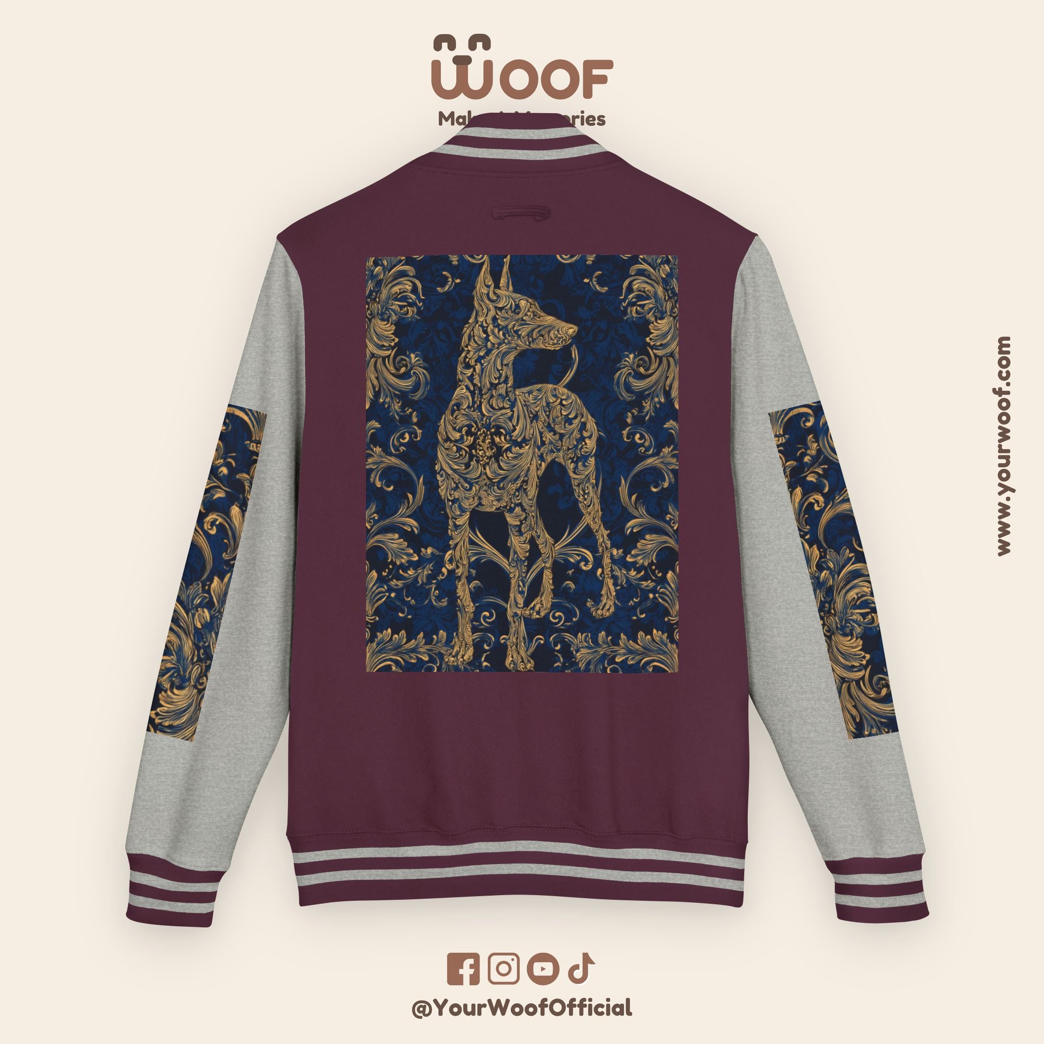Stylish Unisex Heavyweight Letterman Jacket for Pet Lovers | Woof Design, Dog Jacket, Dog Lover Gift, Trendy Outerwear, Casual Fashion