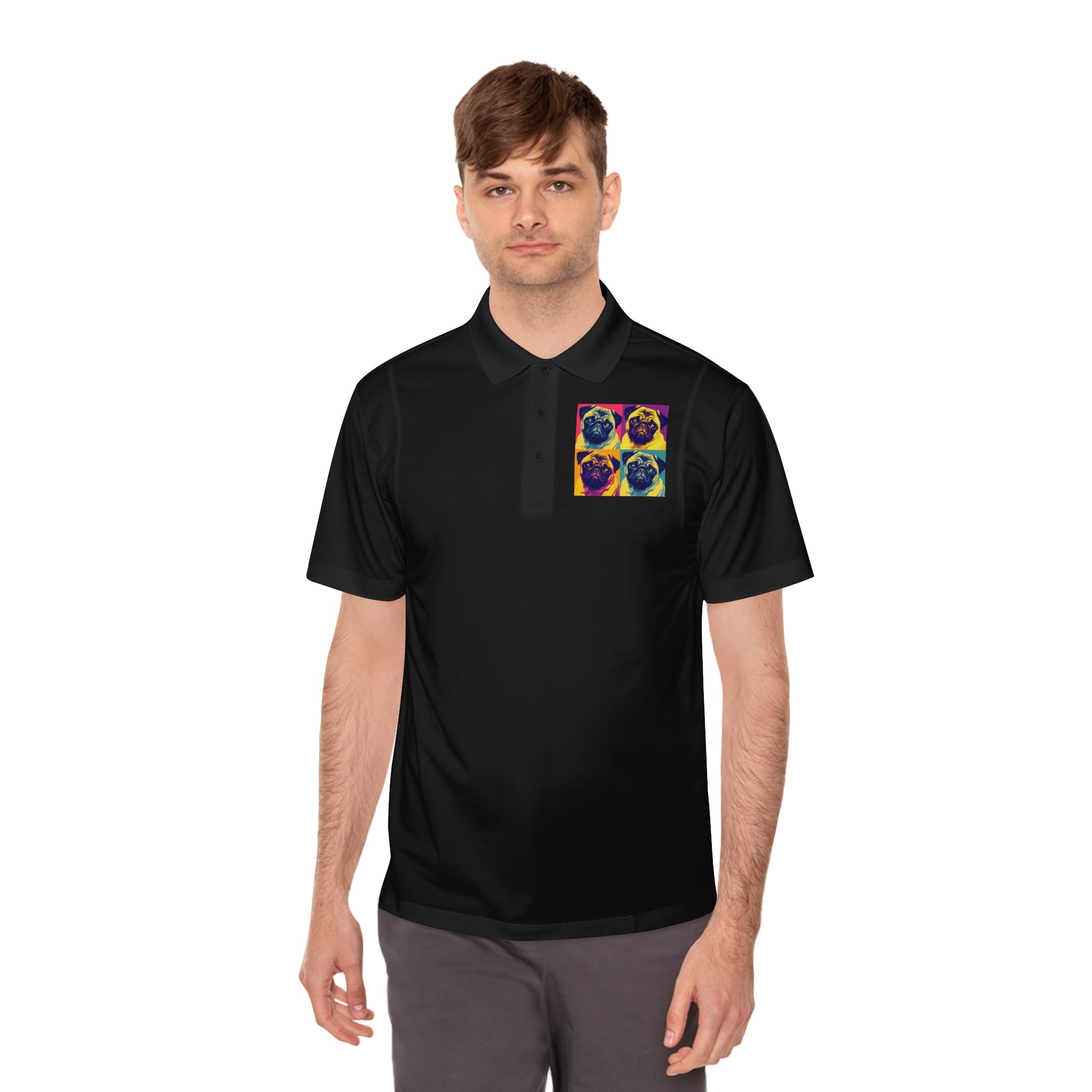 Men's Sport Polo Shirt with Colorful Pug Design, Fun Casual Wear, Dog Lover Gift, Unique Sports Polo, Stylish Outdoor Apparel