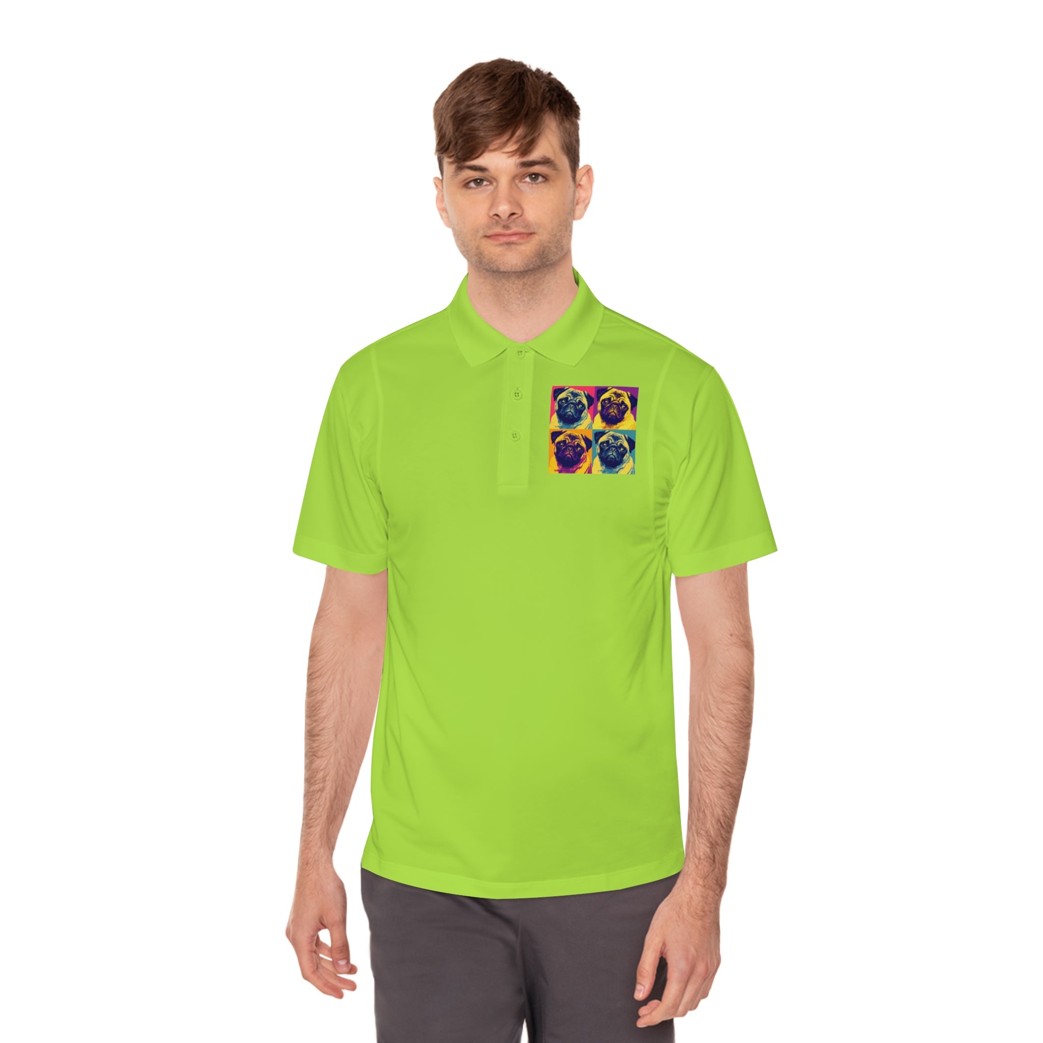 Men's Sport Polo Shirt with Colorful Pug Design, Fun Casual Wear, Dog Lover Gift, Unique Sports Polo, Stylish Outdoor Apparel
