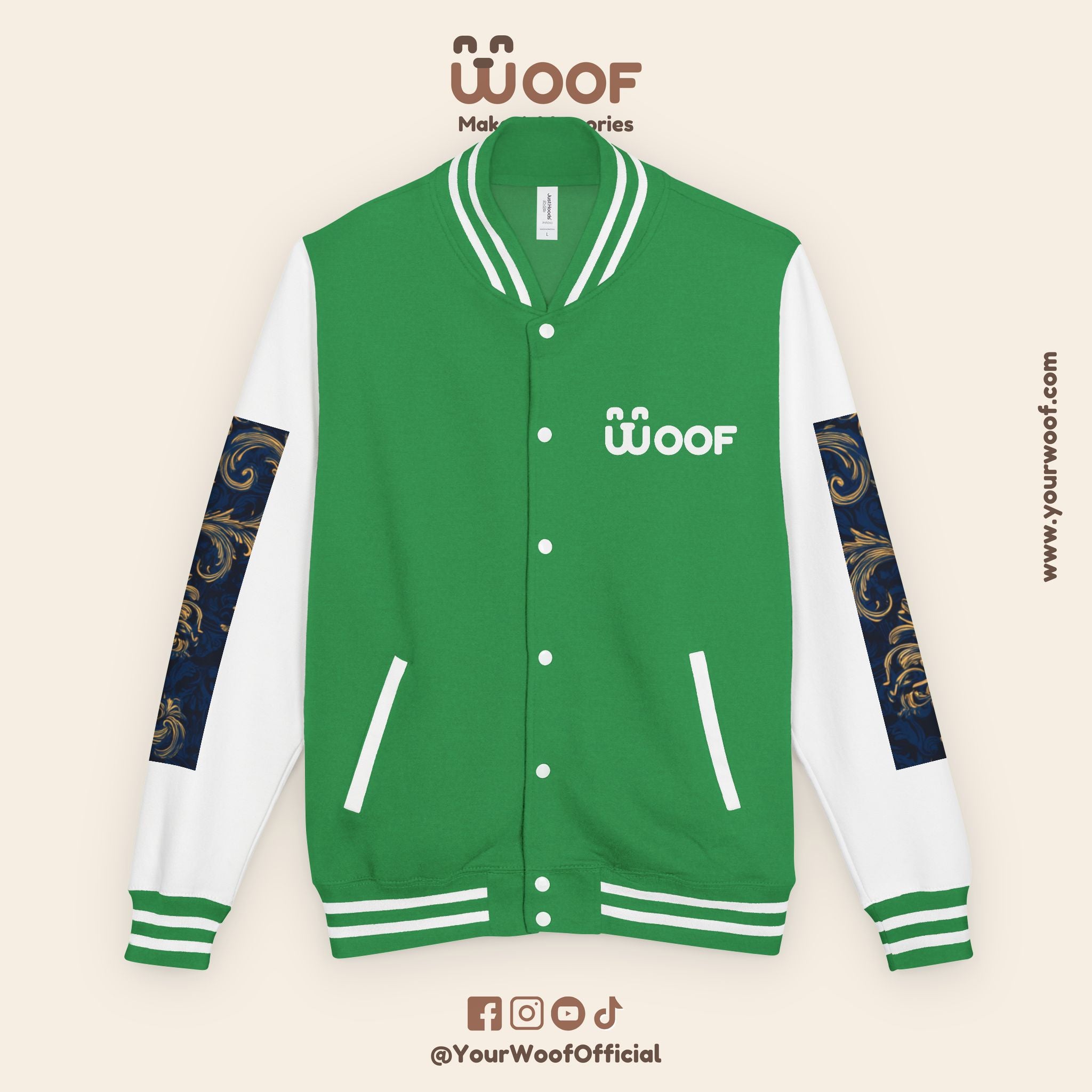 Stylish Unisex Heavyweight Letterman Jacket for Pet Lovers | Woof Design, Dog Jacket, Dog Lover Gift, Trendy Outerwear, Casual Fashion