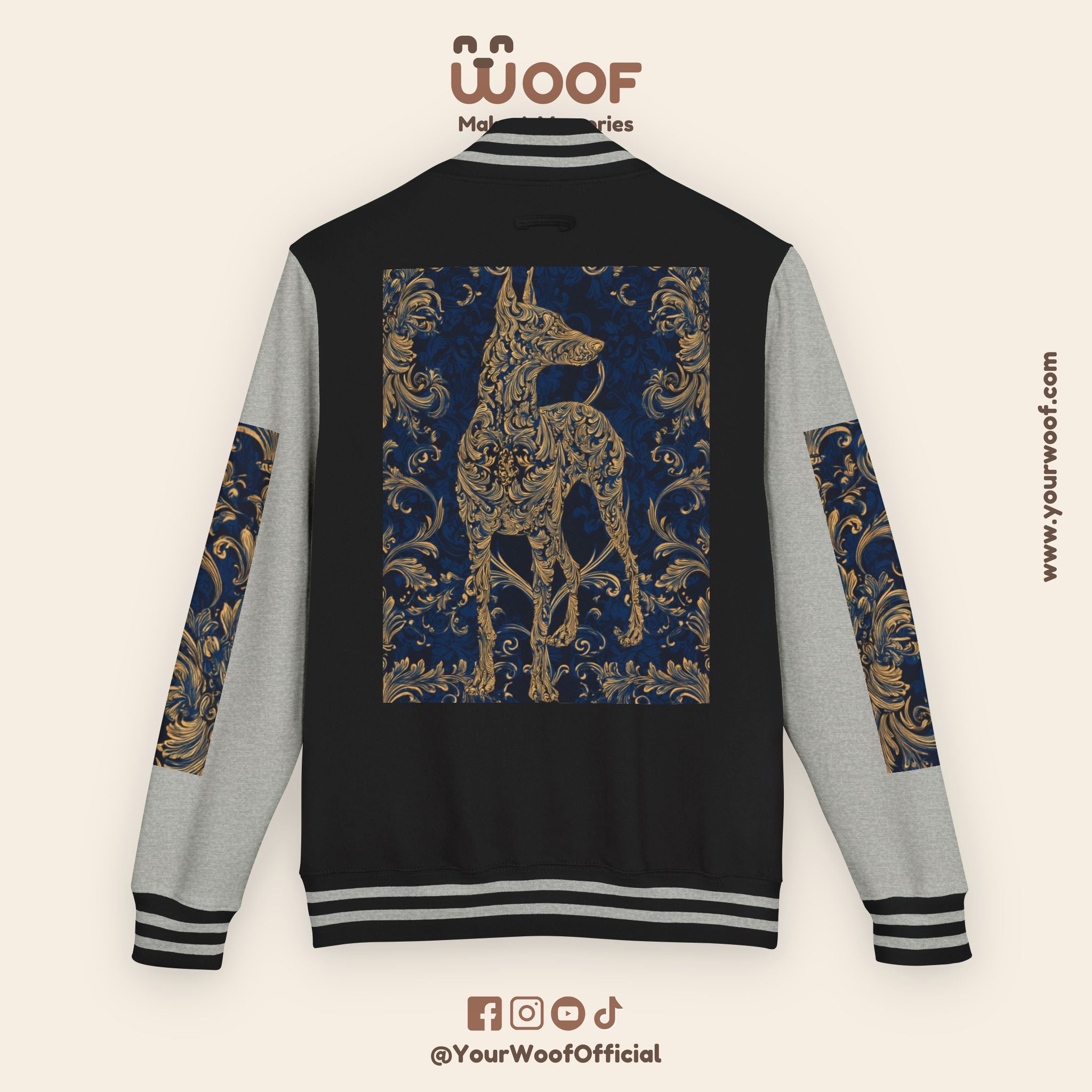 Stylish Unisex Heavyweight Letterman Jacket for Pet Lovers | Woof Design, Dog Jacket, Dog Lover Gift, Trendy Outerwear, Casual Fashion