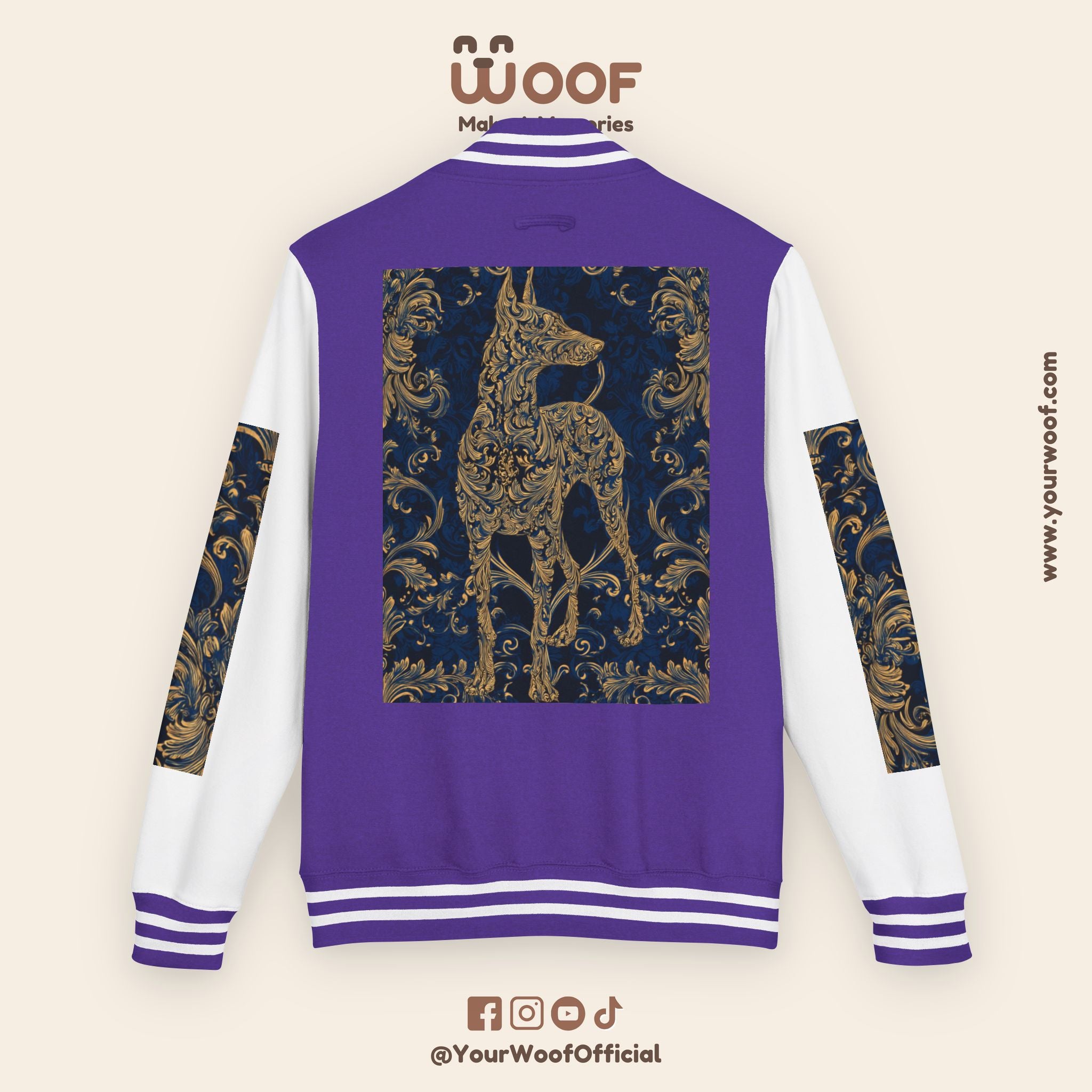 Stylish Unisex Heavyweight Letterman Jacket for Pet Lovers | Woof Design, Dog Jacket, Dog Lover Gift, Trendy Outerwear, Casual Fashion