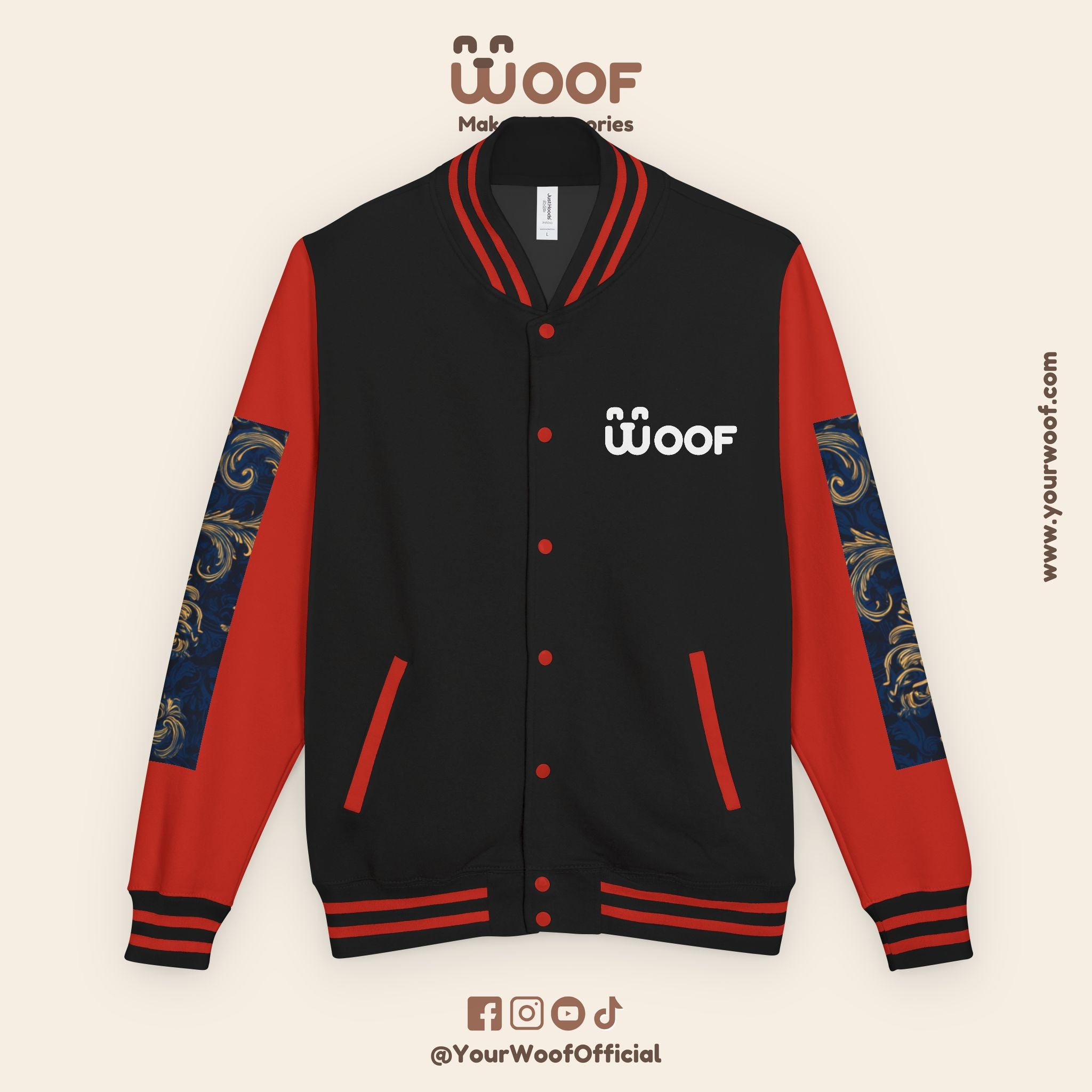 Stylish Unisex Heavyweight Letterman Jacket for Pet Lovers | Woof Design, Dog Jacket, Dog Lover Gift, Trendy Outerwear, Casual Fashion