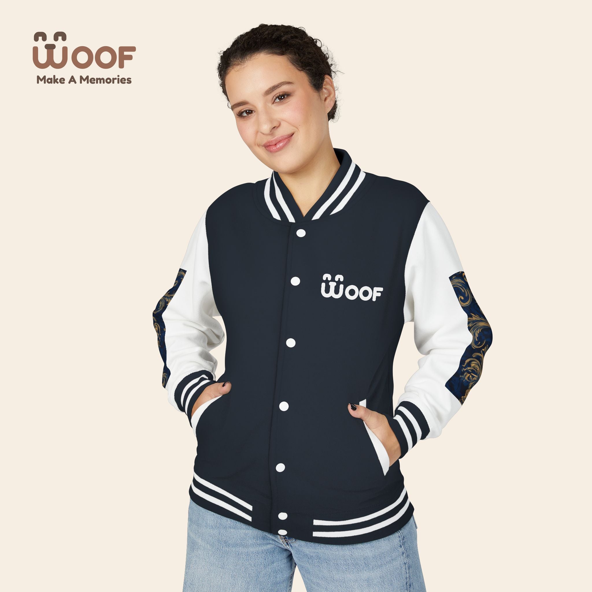 Stylish Unisex Heavyweight Letterman Jacket for Pet Lovers | Woof Design, Dog Jacket, Dog Lover Gift, Trendy Outerwear, Casual Fashion