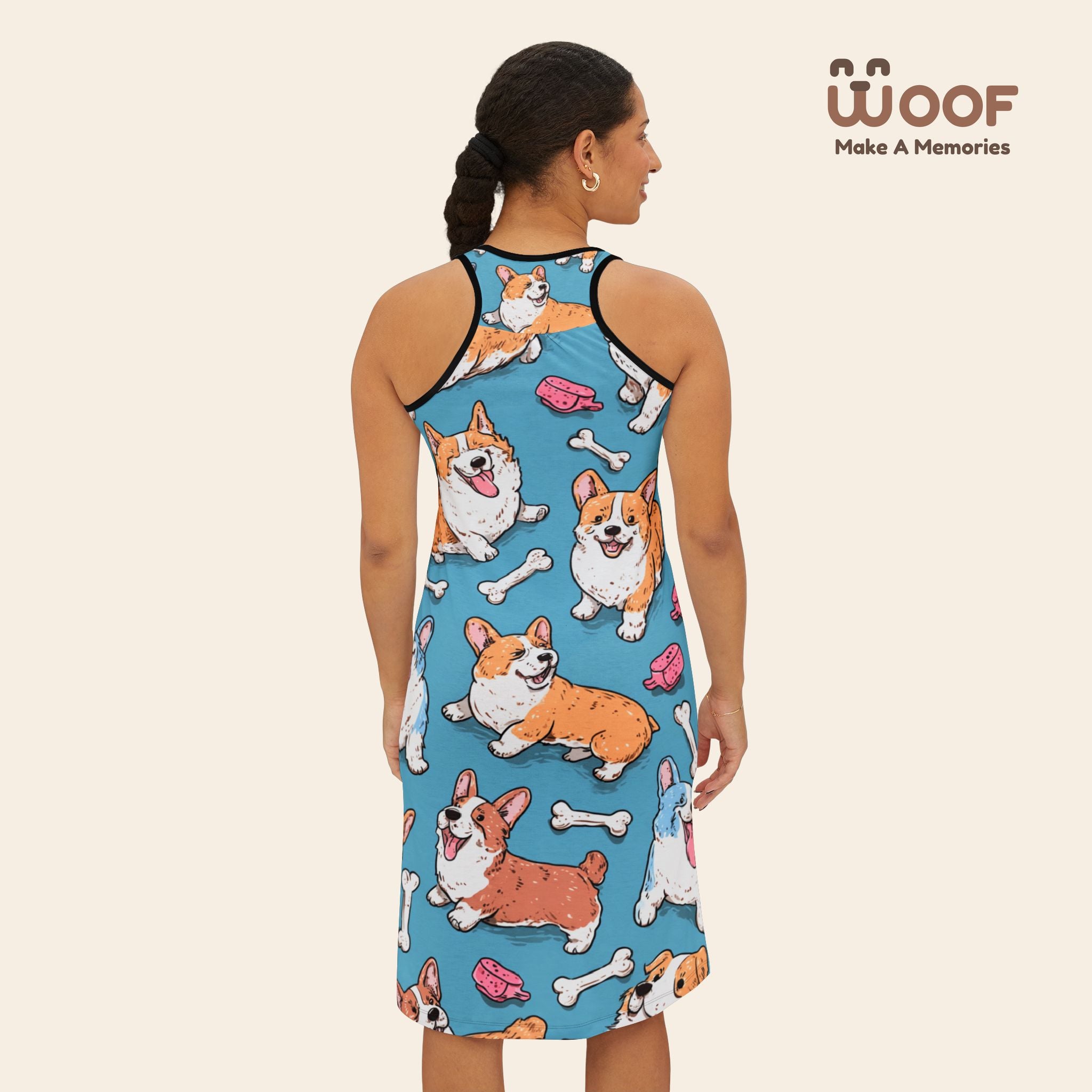 Cute Corgi Pattern Women's Racerback Dress, Dog Lover Fashion, Summer Dress, Pet-Themed Apparel, Cute Gift for Dog Owners, Fun Beachwear