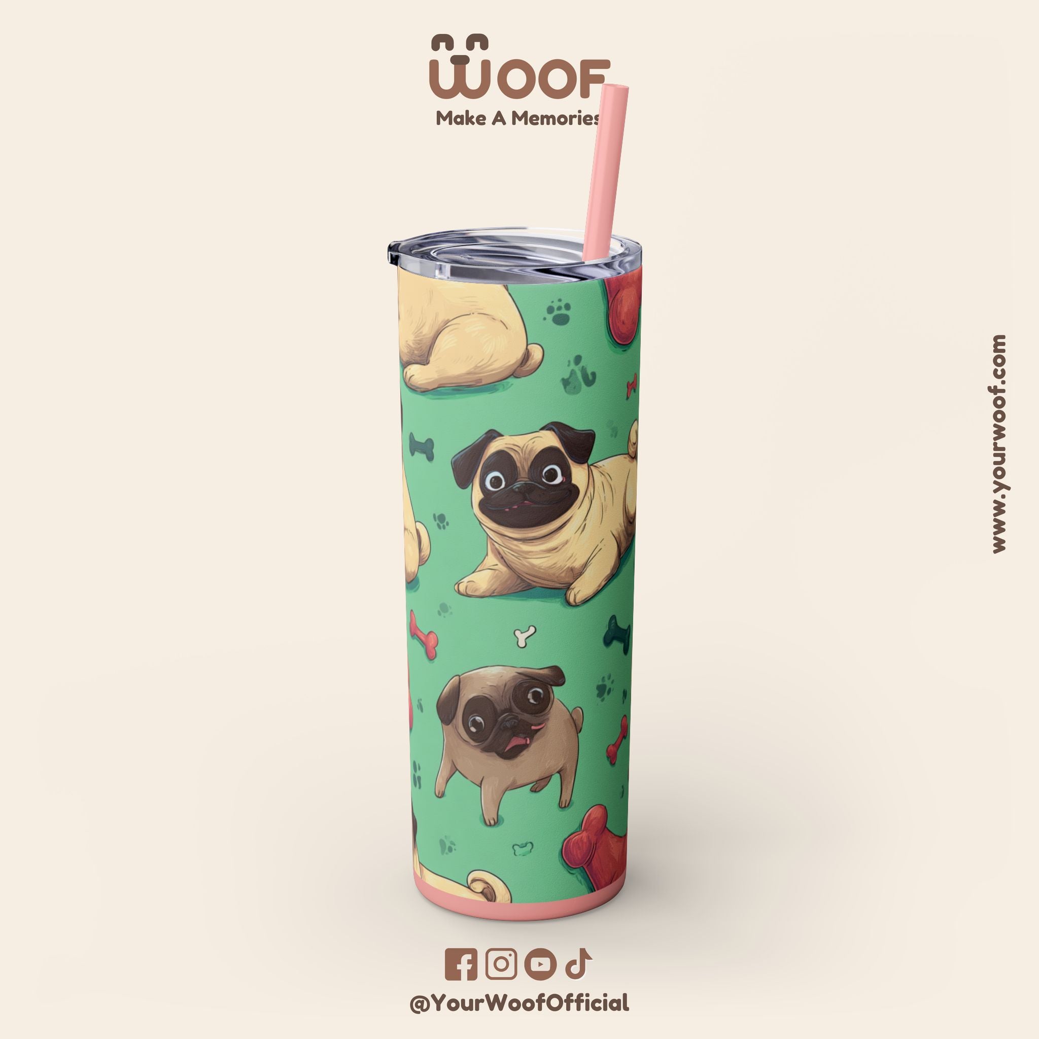 Pug Lover's 20oz Skinny Tumbler, Cute Dog Straw Cup, Pet Gift, Dog Mom Essential, Reusable Eco-Friendly Drinkware