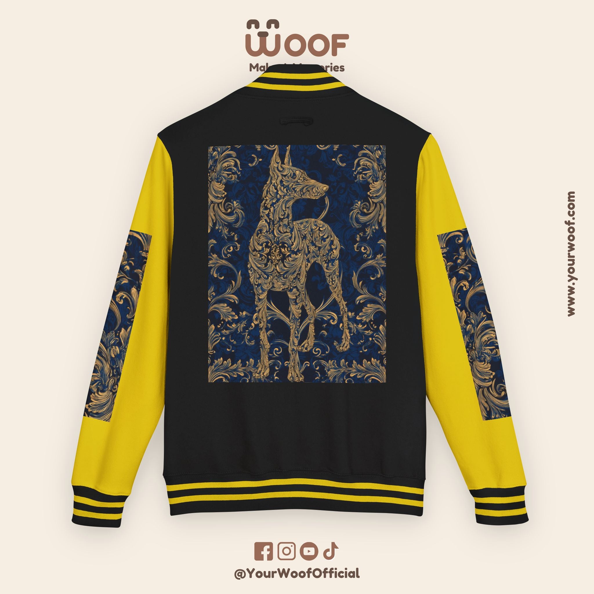 Stylish Unisex Heavyweight Letterman Jacket for Pet Lovers | Woof Design, Dog Jacket, Dog Lover Gift, Trendy Outerwear, Casual Fashion