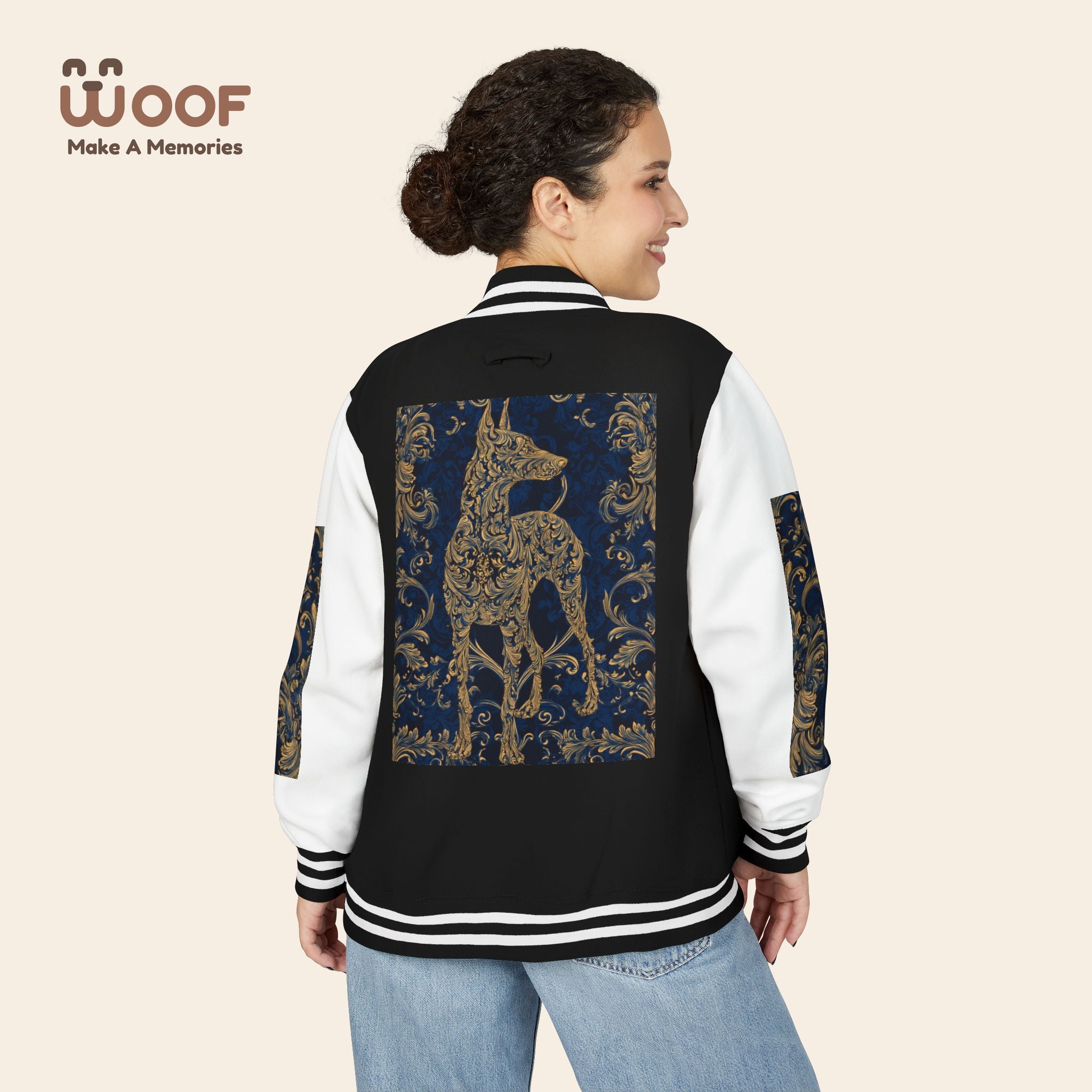 Stylish Unisex Heavyweight Letterman Jacket for Pet Lovers | Woof Design, Dog Jacket, Dog Lover Gift, Trendy Outerwear, Casual Fashion