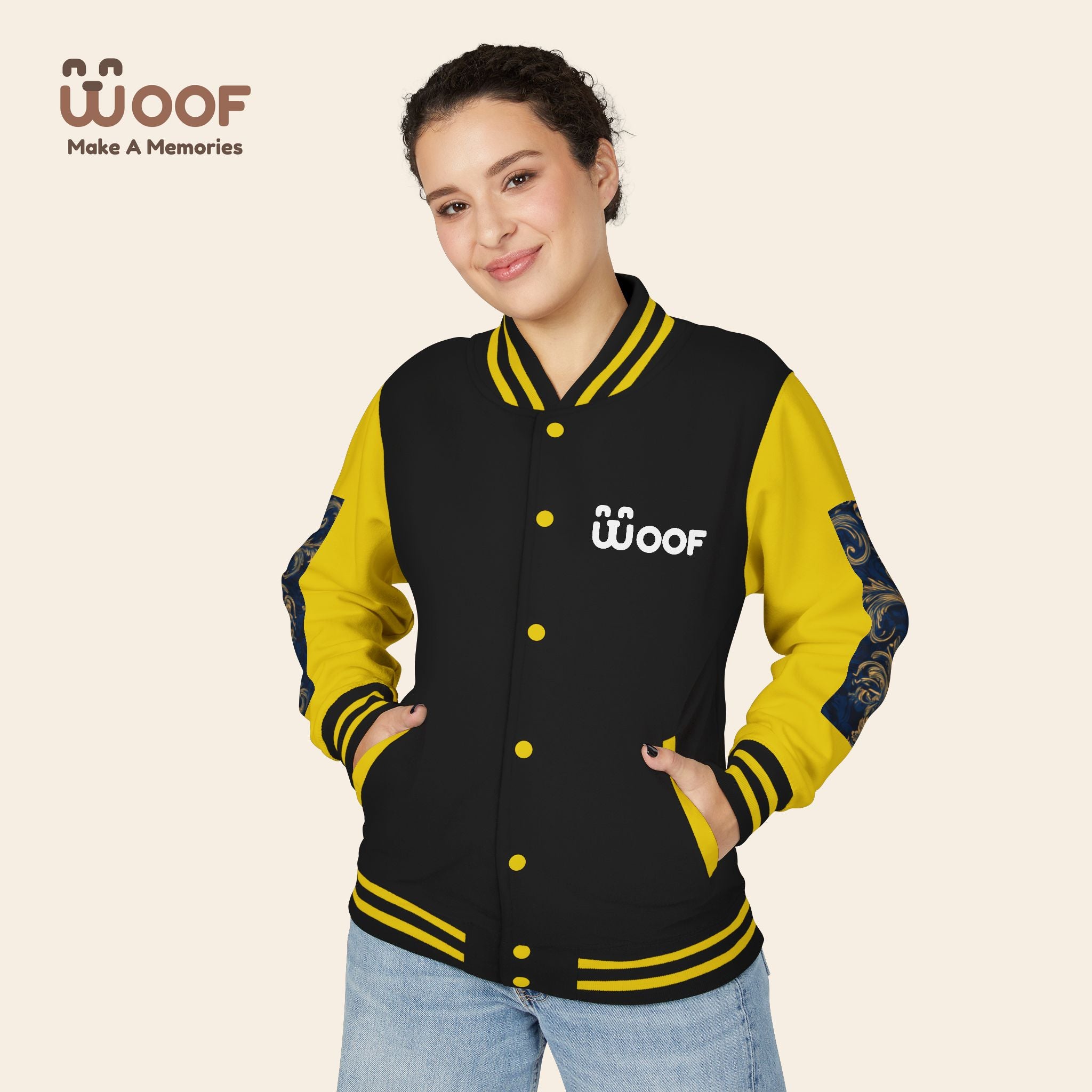 Stylish Unisex Heavyweight Letterman Jacket for Pet Lovers | Woof Design, Dog Jacket, Dog Lover Gift, Trendy Outerwear, Casual Fashion