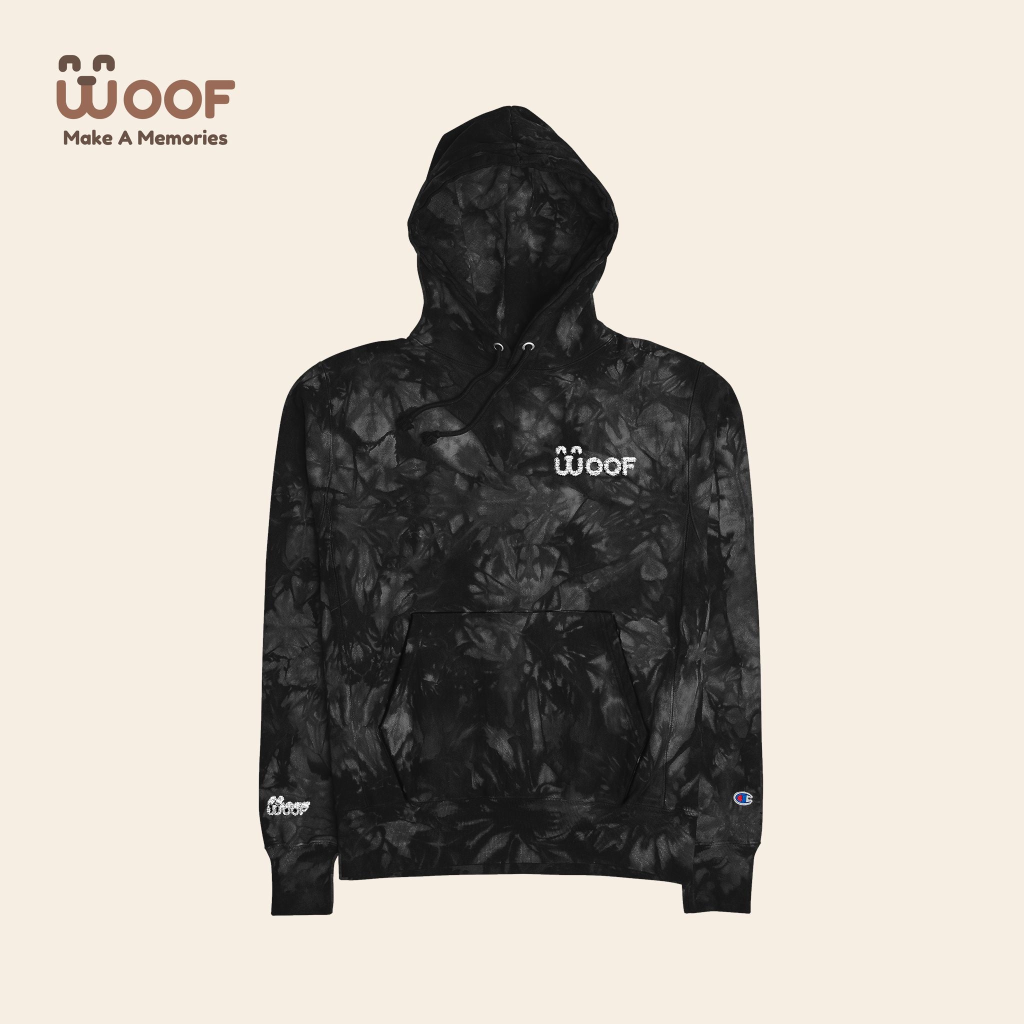 Woof Tie-Dye Hoodie, Unisex Champion Hoodie, Cozy Tie-Dye Sweatshirt, Dog Lover Apparel, Unique Gifts for Pet Owners, Casual Everyday Wear