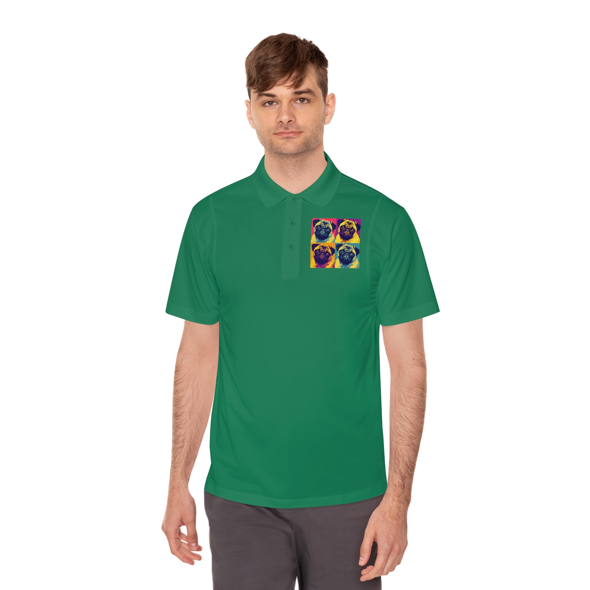 Men's Sport Polo Shirt with Colorful Pug Design, Fun Casual Wear, Dog Lover Gift, Unique Sports Polo, Stylish Outdoor Apparel