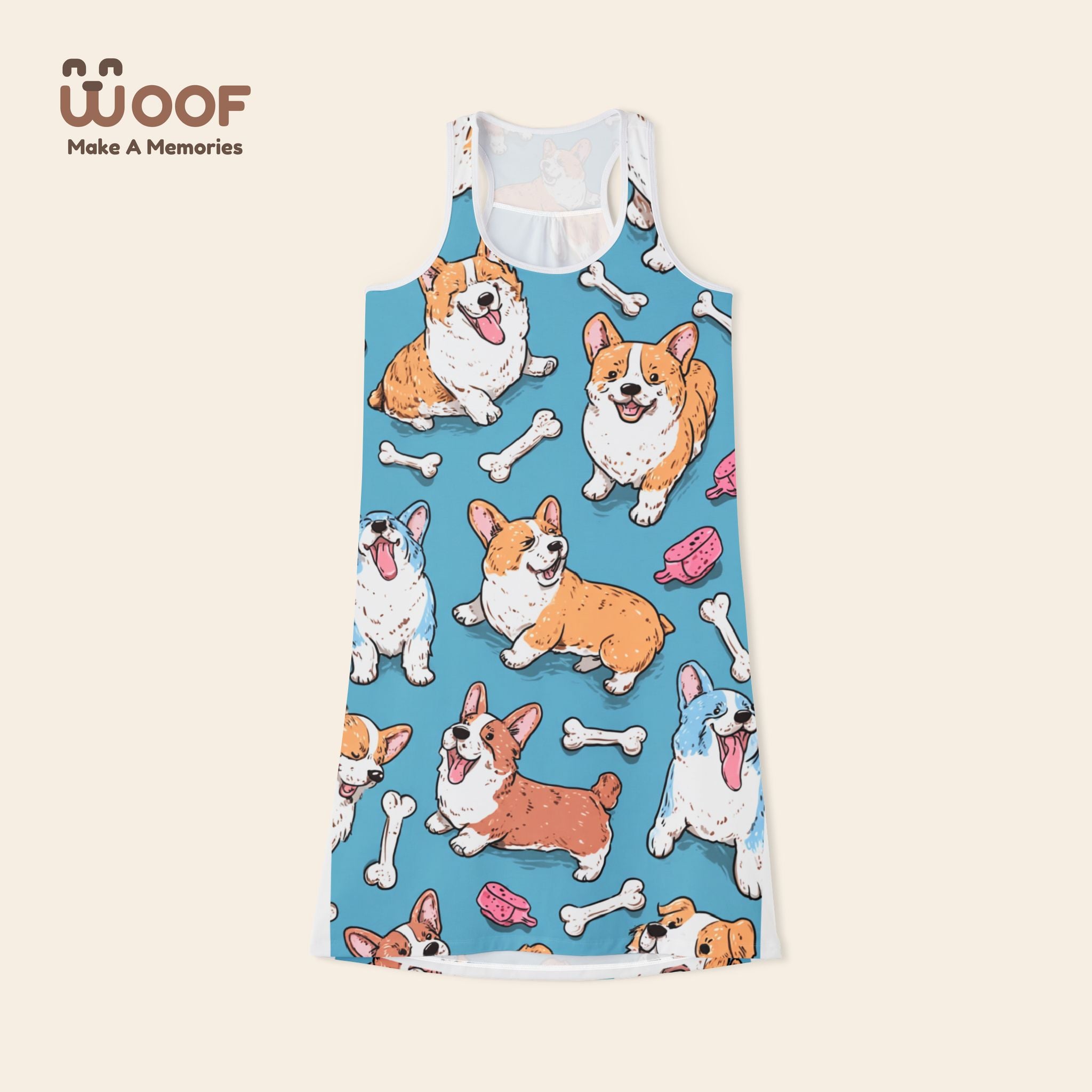 Cute Corgi Pattern Women's Racerback Dress, Dog Lover Fashion, Summer Dress, Pet-Themed Apparel, Cute Gift for Dog Owners, Fun Beachwear