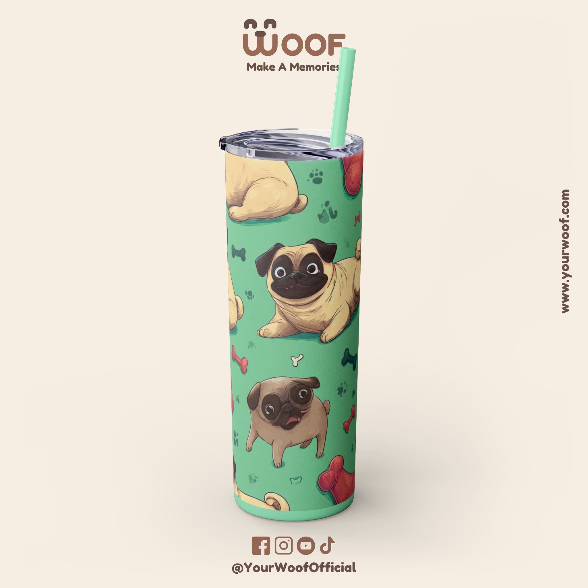 Pug Lover's 20oz Skinny Tumbler, Cute Dog Straw Cup, Pet Gift, Dog Mom Essential, Reusable Eco-Friendly Drinkware