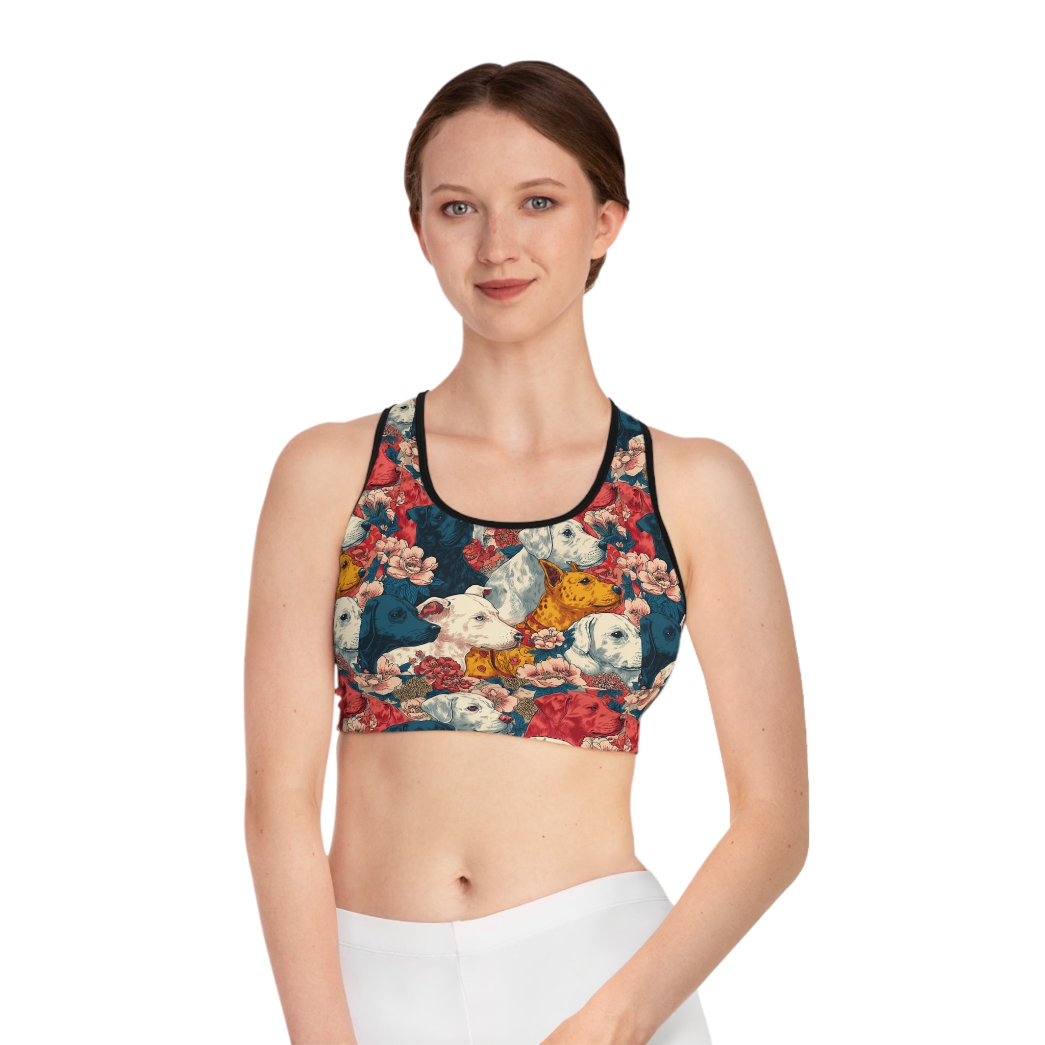 Whimsical Dog Print Sports Bra, Pet Lover Workout Top, Floral Gym Bra, Cute Activewear for Dog Moms, Gift for Dog Lovers