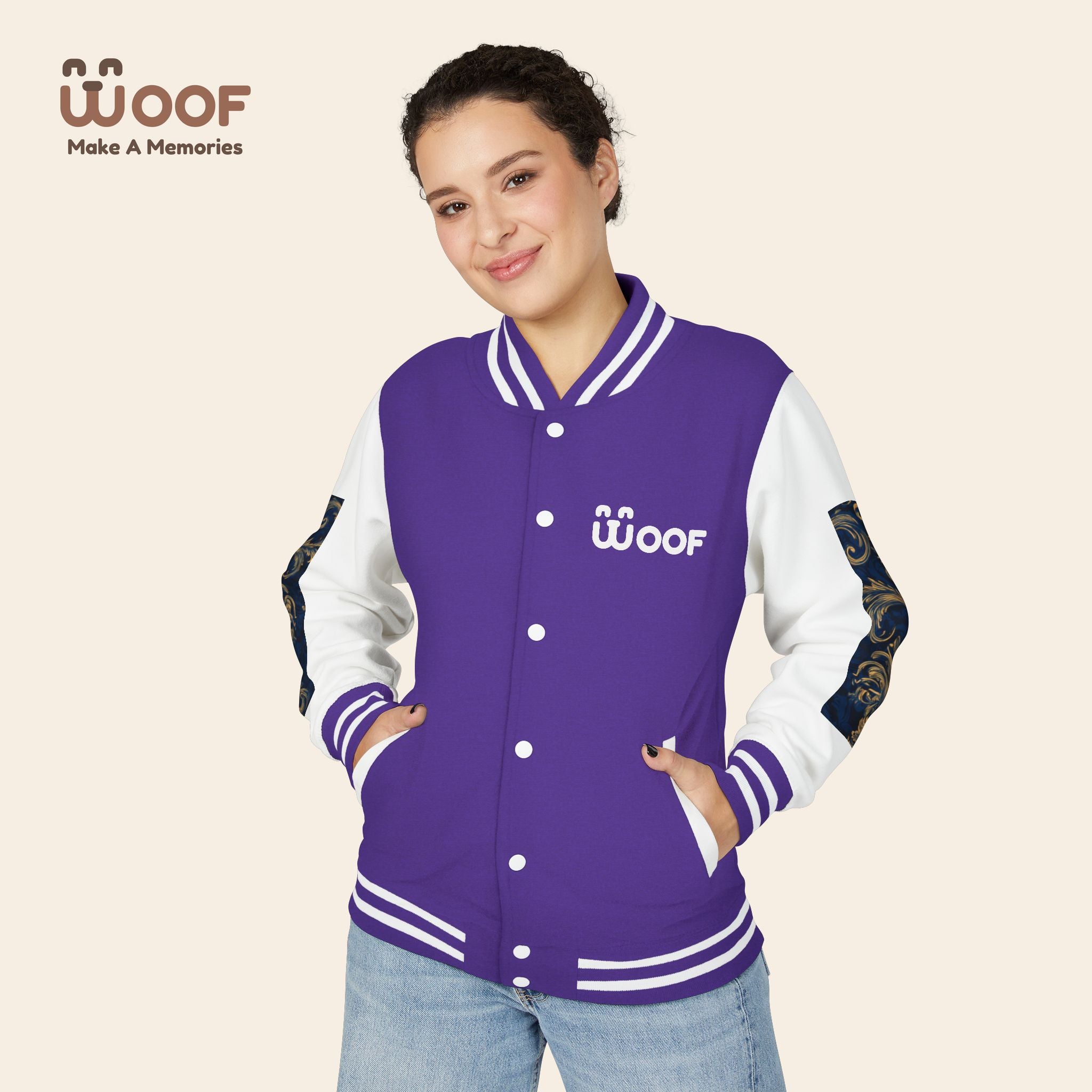 Stylish Unisex Heavyweight Letterman Jacket for Pet Lovers | Woof Design, Dog Jacket, Dog Lover Gift, Trendy Outerwear, Casual Fashion