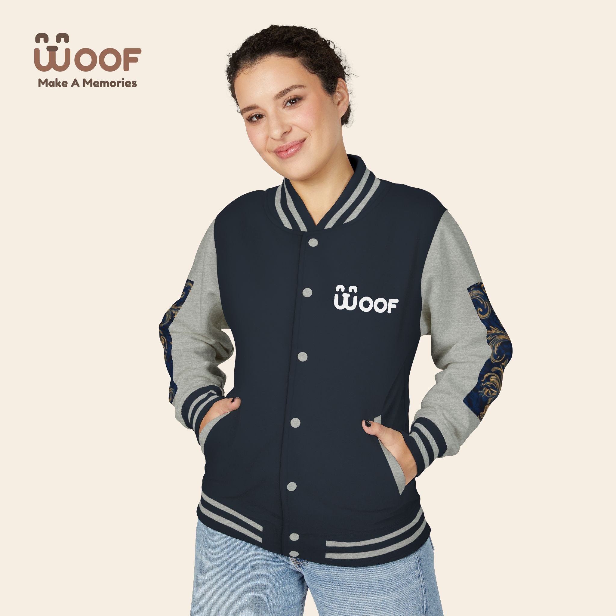 Stylish Unisex Heavyweight Letterman Jacket for Pet Lovers | Woof Design, Dog Jacket, Dog Lover Gift, Trendy Outerwear, Casual Fashion