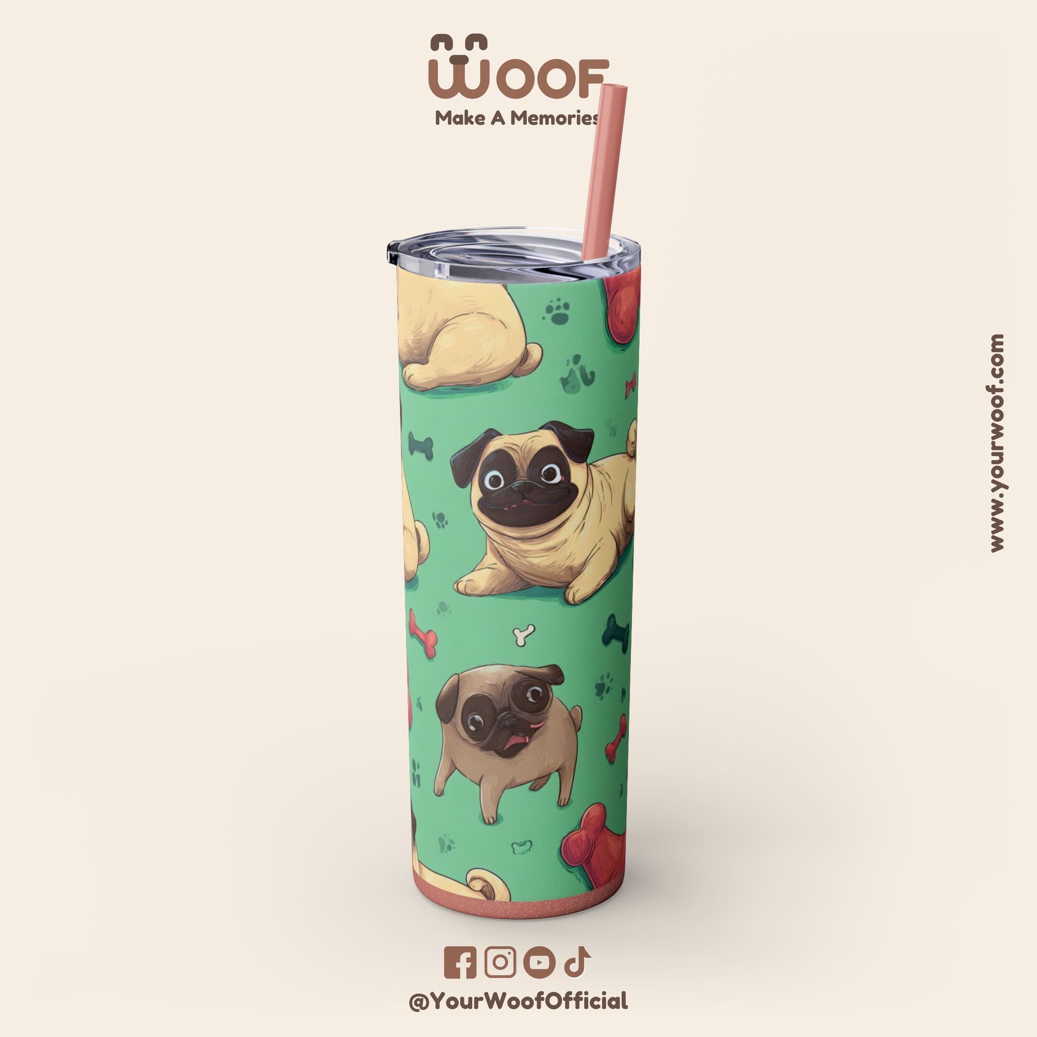 Pug Lover's 20oz Skinny Tumbler, Cute Dog Straw Cup, Pet Gift, Dog Mom Essential, Reusable Eco-Friendly Drinkware