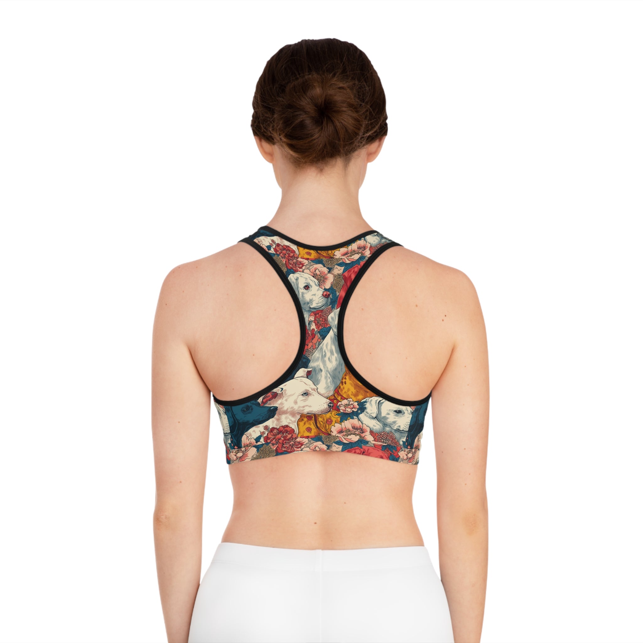 Whimsical Dog Print Sports Bra, Pet Lover Workout Top, Floral Gym Bra, Cute Activewear for Dog Moms, Gift for Dog Lovers
