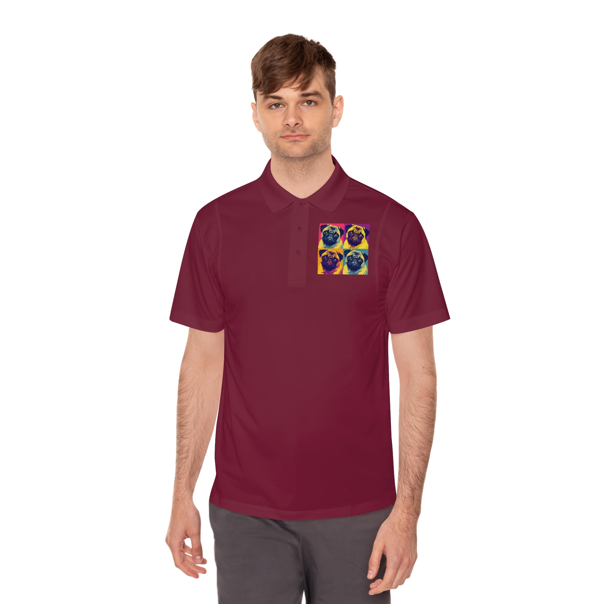 Men's Sport Polo Shirt with Colorful Pug Design, Fun Casual Wear, Dog Lover Gift, Unique Sports Polo, Stylish Outdoor Apparel