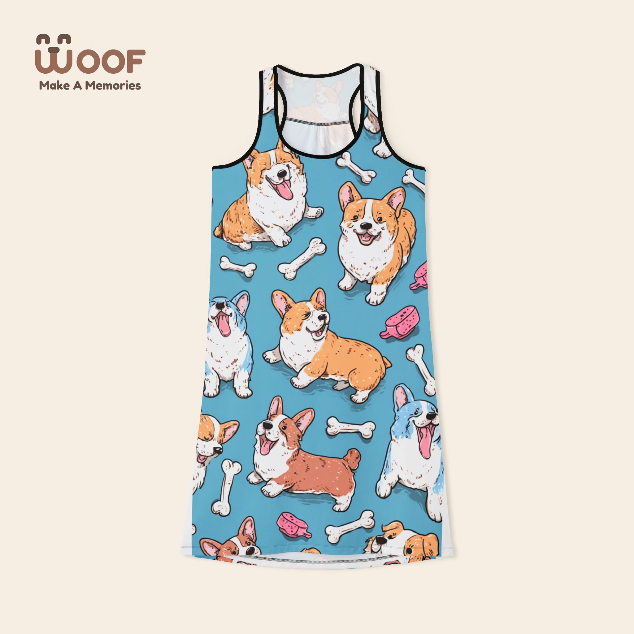 Cute Corgi Pattern Women's Racerback Dress, Dog Lover Fashion, Summer Dress, Pet-Themed Apparel, Cute Gift for Dog Owners, Fun Beachwear