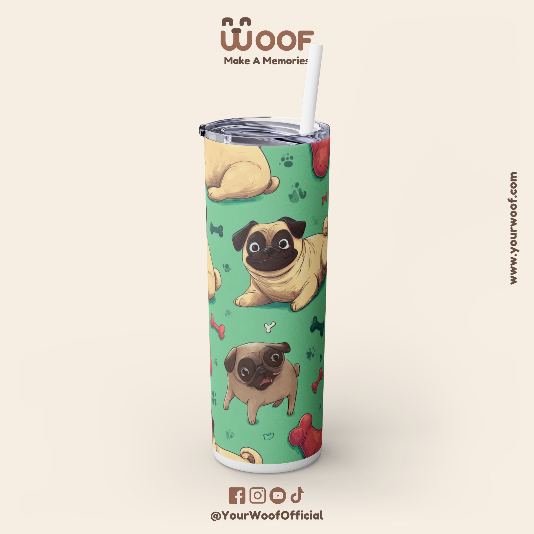 Pug Lover's 20oz Skinny Tumbler, Cute Dog Straw Cup, Pet Gift, Dog Mom Essential, Reusable Eco-Friendly Drinkware