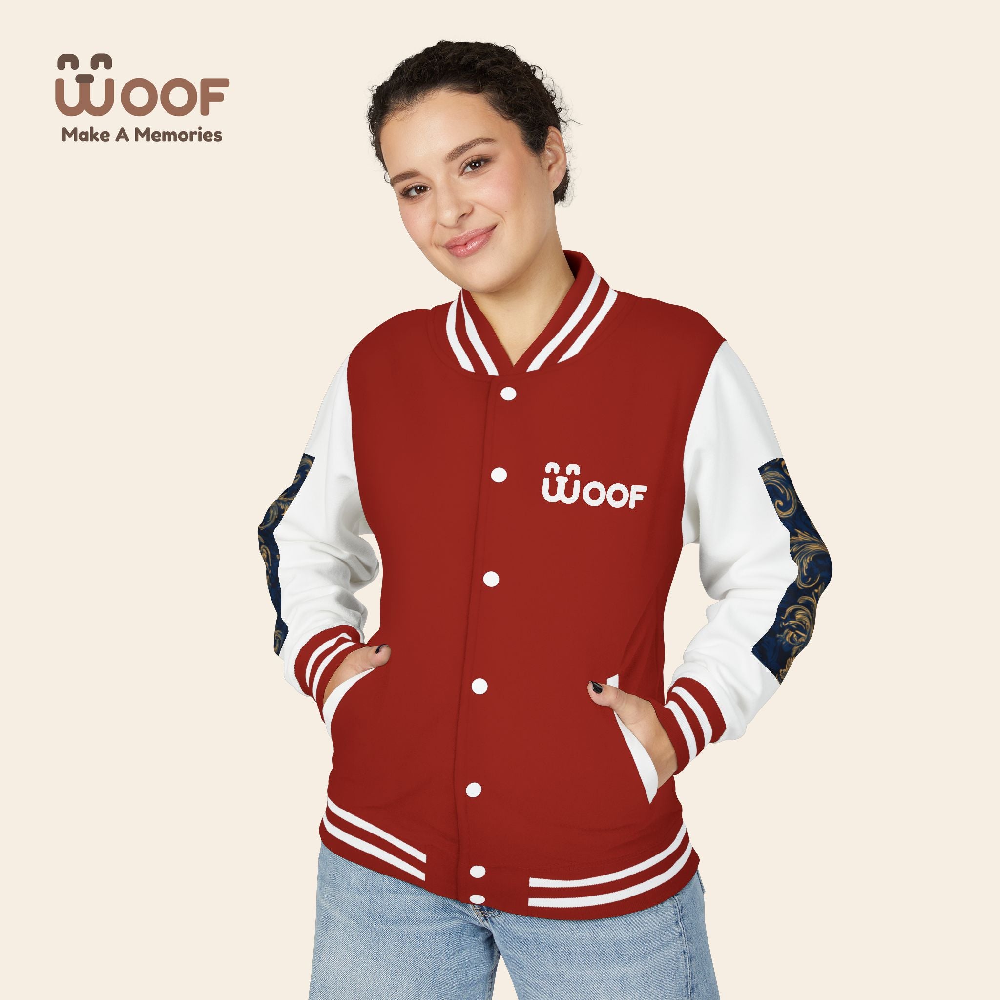 Stylish Unisex Heavyweight Letterman Jacket for Pet Lovers | Woof Design, Dog Jacket, Dog Lover Gift, Trendy Outerwear, Casual Fashion