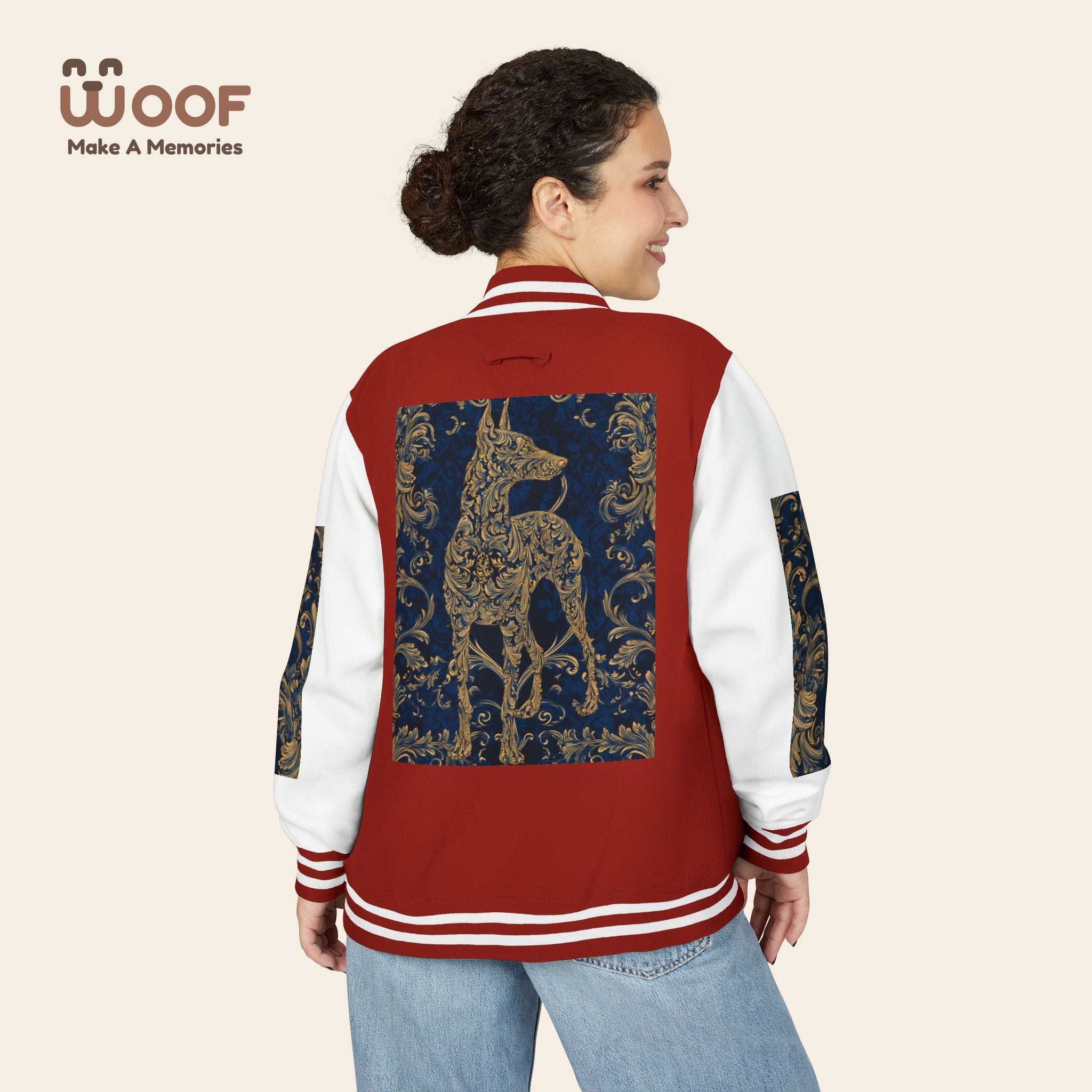 Stylish Unisex Heavyweight Letterman Jacket for Pet Lovers | Woof Design, Dog Jacket, Dog Lover Gift, Trendy Outerwear, Casual Fashion