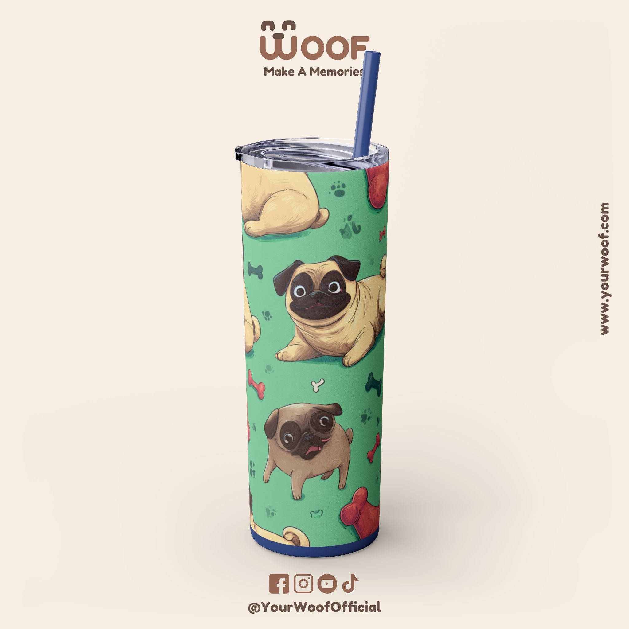Pug Lover's 20oz Skinny Tumbler, Cute Dog Straw Cup, Pet Gift, Dog Mom Essential, Reusable Eco-Friendly Drinkware