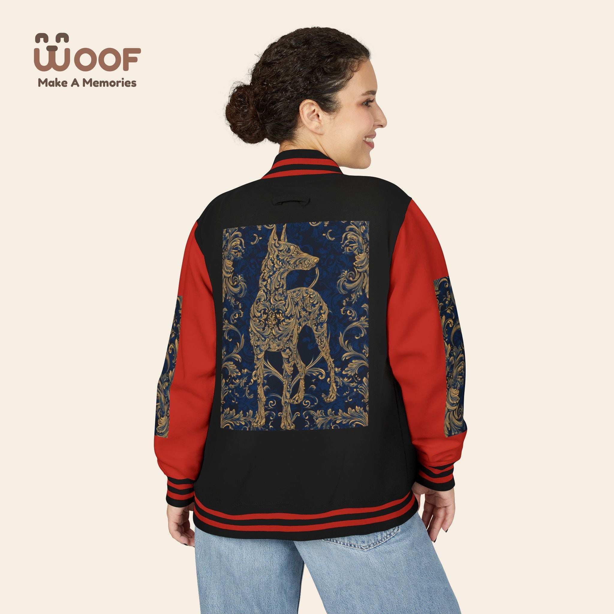 Stylish Unisex Heavyweight Letterman Jacket for Pet Lovers | Woof Design, Dog Jacket, Dog Lover Gift, Trendy Outerwear, Casual Fashion