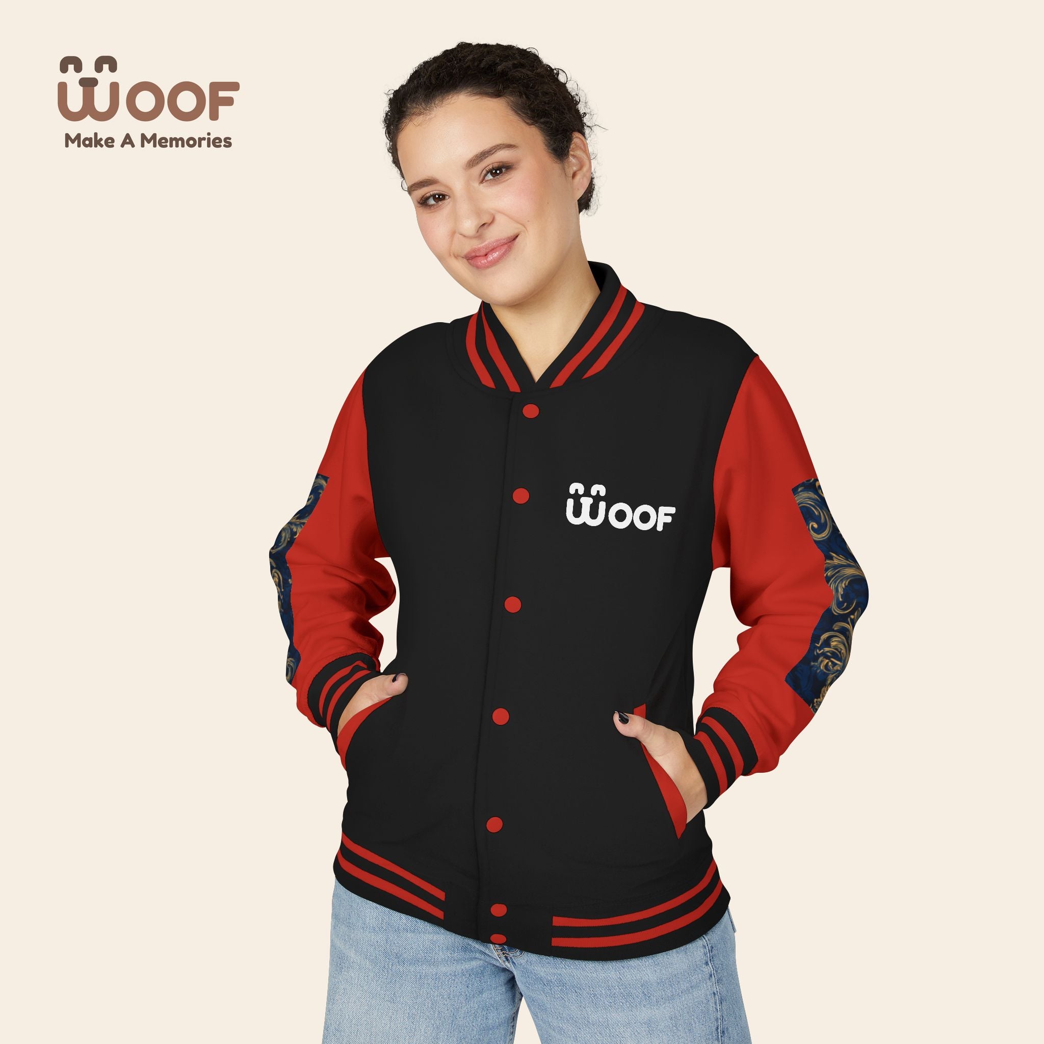 Stylish Unisex Heavyweight Letterman Jacket for Pet Lovers | Woof Design, Dog Jacket, Dog Lover Gift, Trendy Outerwear, Casual Fashion