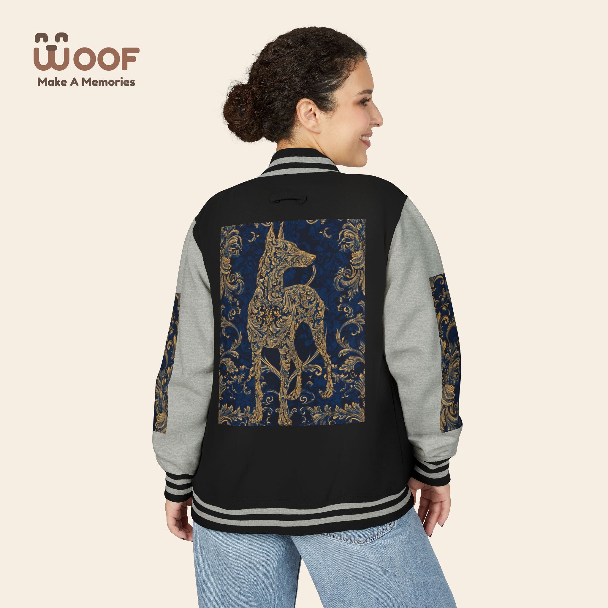 Stylish Unisex Heavyweight Letterman Jacket for Pet Lovers | Woof Design, Dog Jacket, Dog Lover Gift, Trendy Outerwear, Casual Fashion