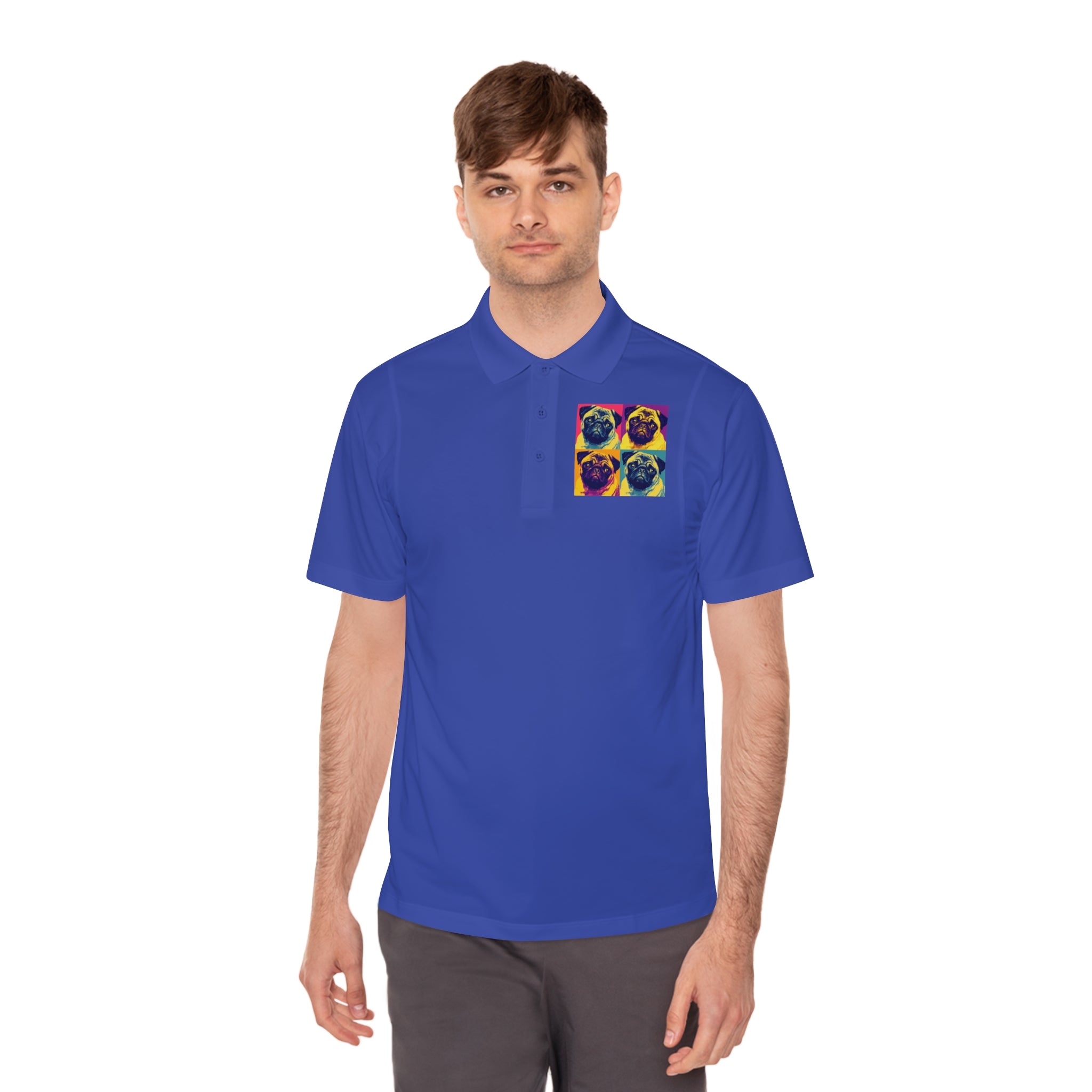 Men's Sport Polo Shirt with Colorful Pug Design, Fun Casual Wear, Dog Lover Gift, Unique Sports Polo, Stylish Outdoor Apparel