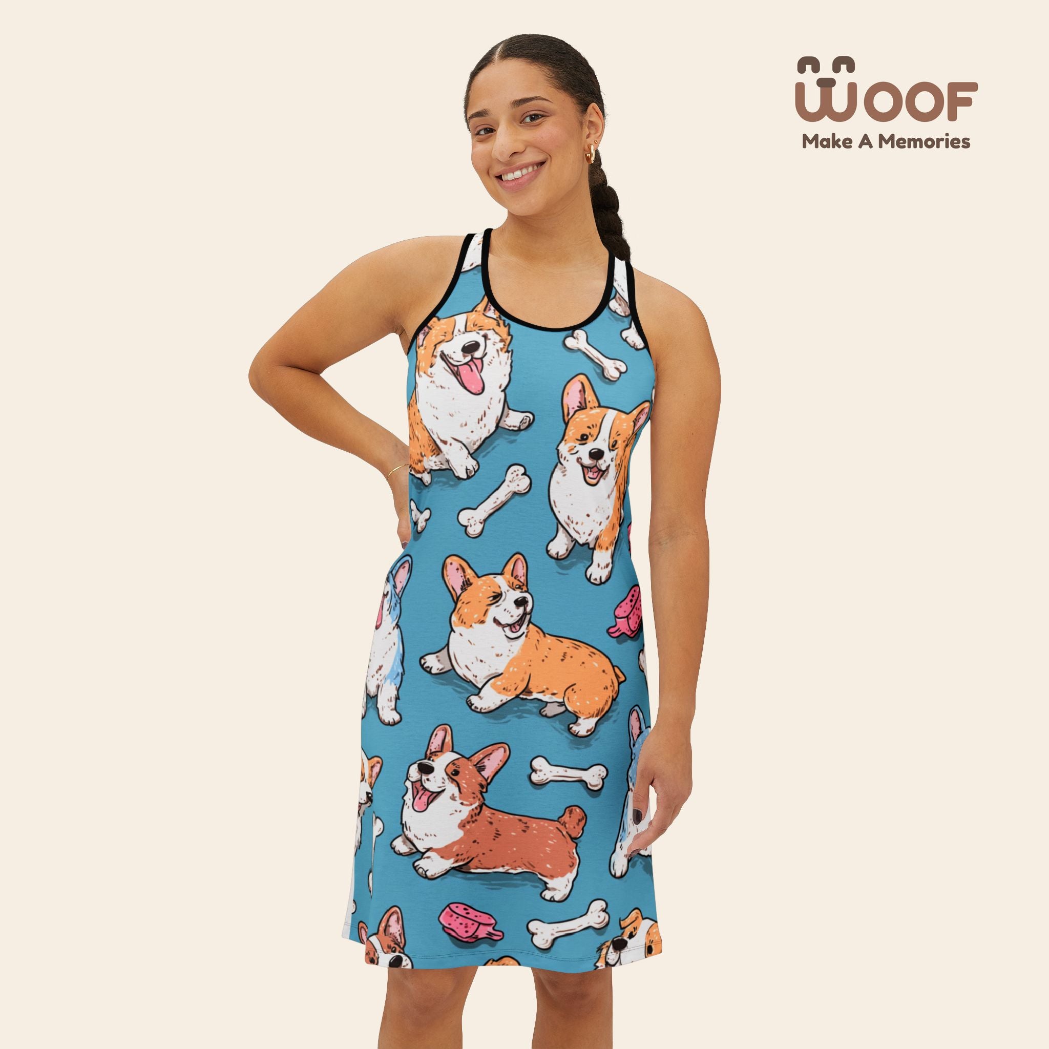 Cute Corgi Pattern Women's Racerback Dress, Dog Lover Fashion, Summer Dress, Pet-Themed Apparel, Cute Gift for Dog Owners, Fun Beachwear