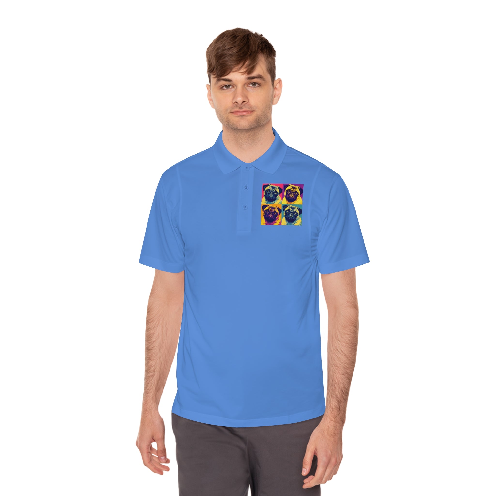 Men's Sport Polo Shirt with Colorful Pug Design, Fun Casual Wear, Dog Lover Gift, Unique Sports Polo, Stylish Outdoor Apparel