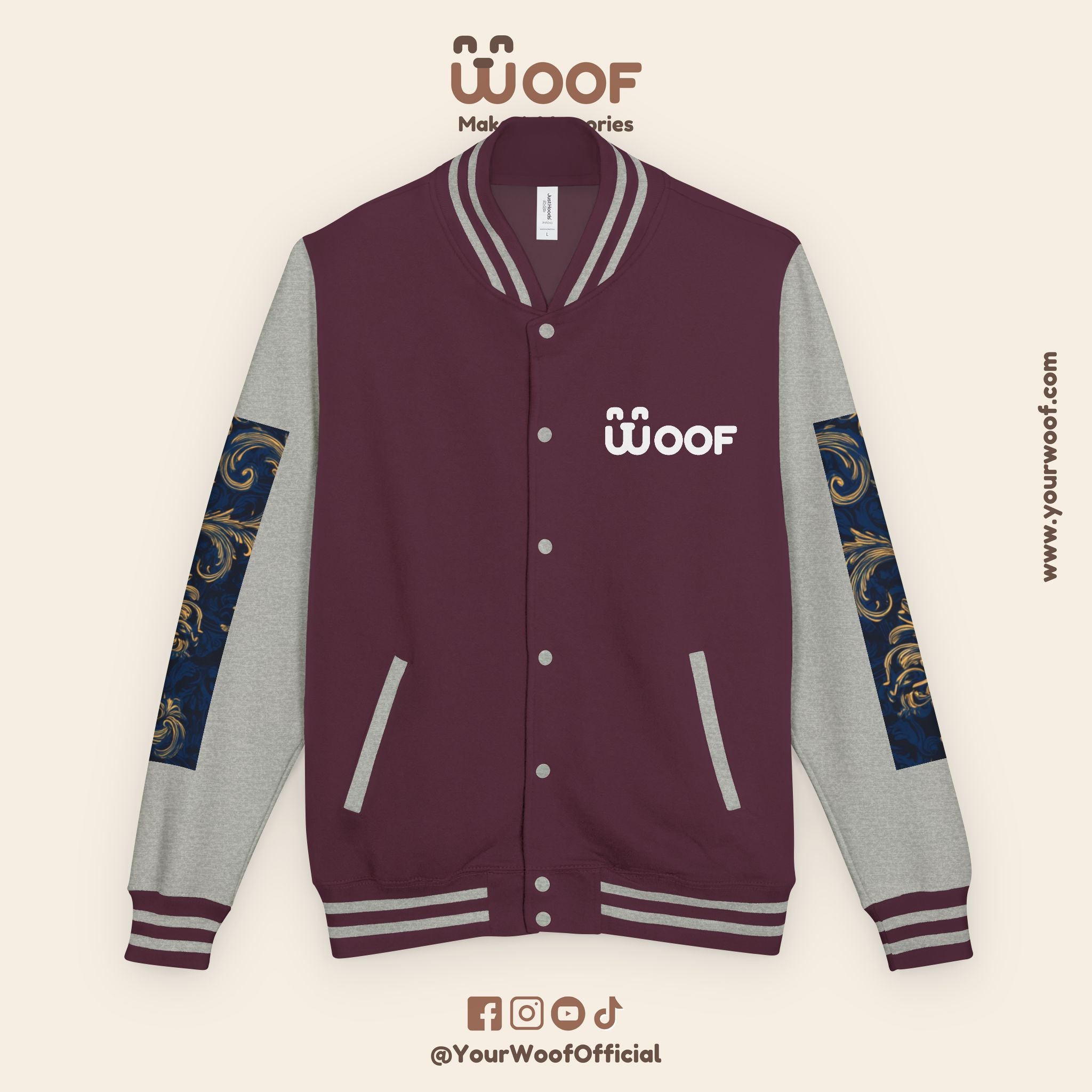 Stylish Unisex Heavyweight Letterman Jacket for Pet Lovers | Woof Design, Dog Jacket, Dog Lover Gift, Trendy Outerwear, Casual Fashion
