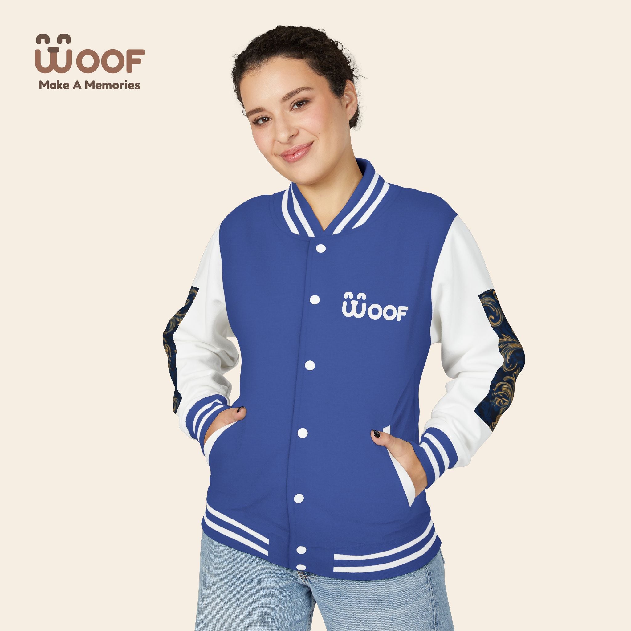 Stylish Unisex Heavyweight Letterman Jacket for Pet Lovers | Woof Design, Dog Jacket, Dog Lover Gift, Trendy Outerwear, Casual Fashion