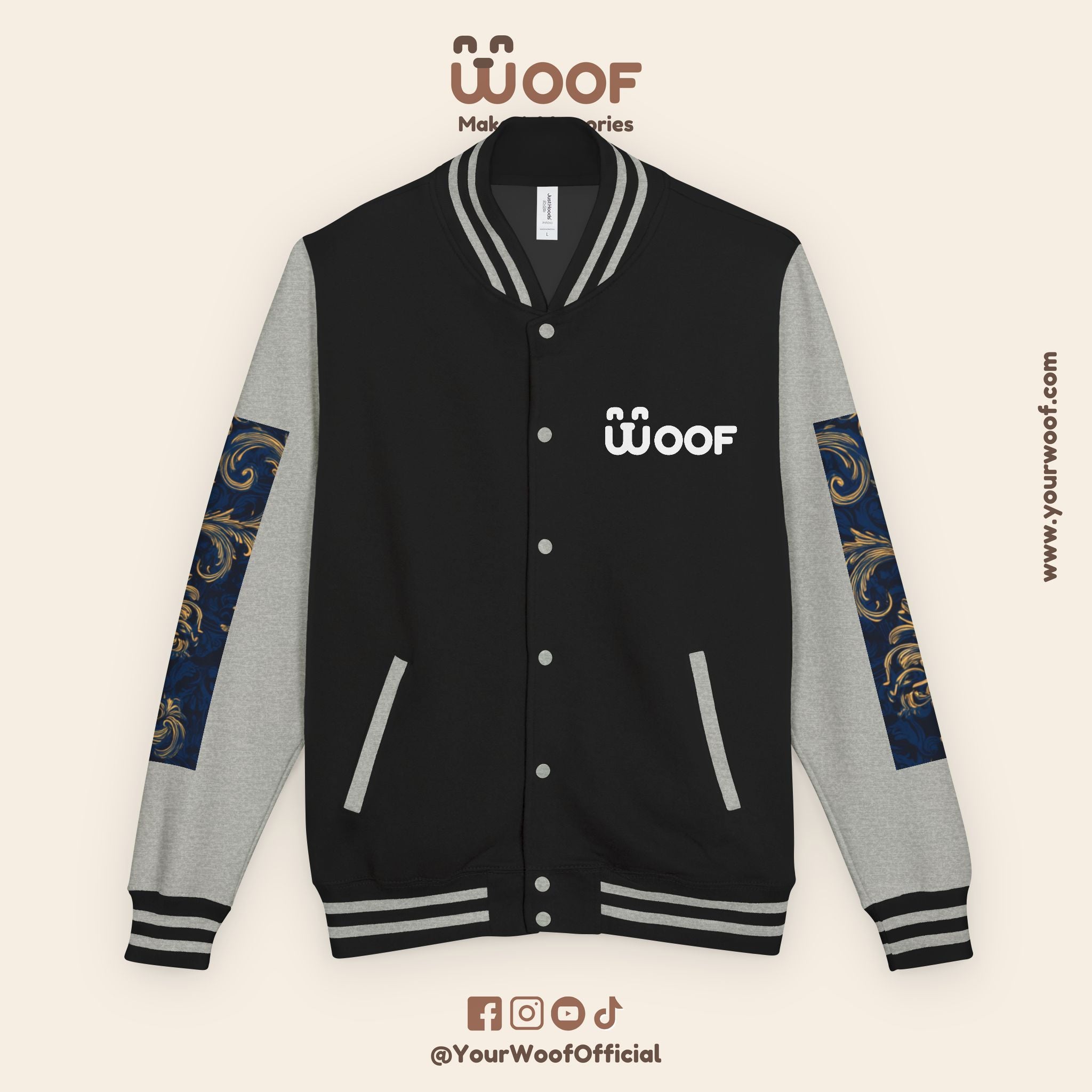 Stylish Unisex Heavyweight Letterman Jacket for Pet Lovers | Woof Design, Dog Jacket, Dog Lover Gift, Trendy Outerwear, Casual Fashion