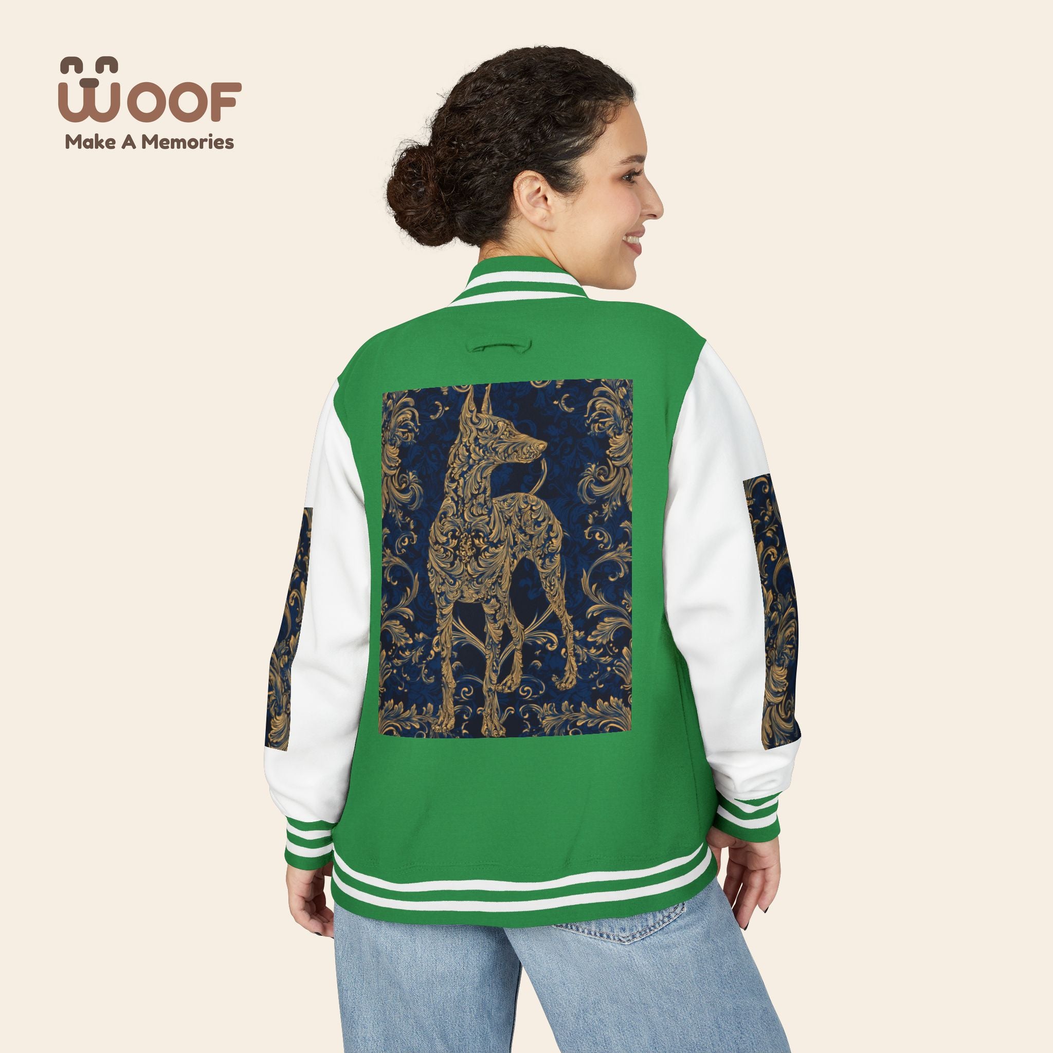 Stylish Unisex Heavyweight Letterman Jacket for Pet Lovers | Woof Design, Dog Jacket, Dog Lover Gift, Trendy Outerwear, Casual Fashion